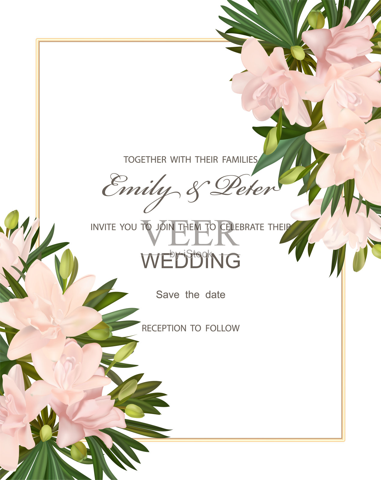 婚礼请柬用花百合和叶，水彩，孤立上白。设计模板素材