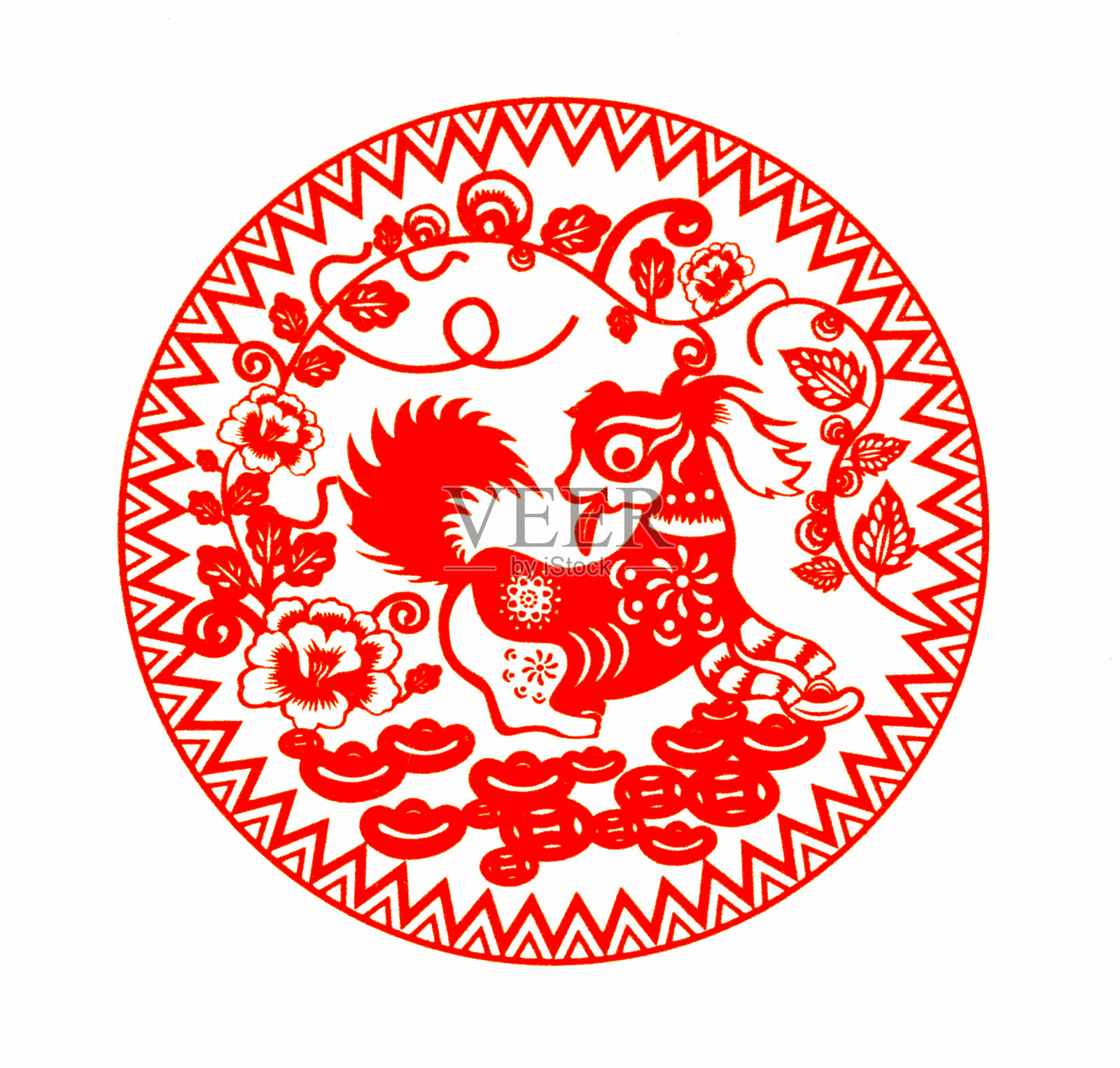 中国传统剪纸，十二生肖。中国新年，狗年。中国动物狗传统剪纸艺术图案。狗剪纸，过年。照片摄影图片