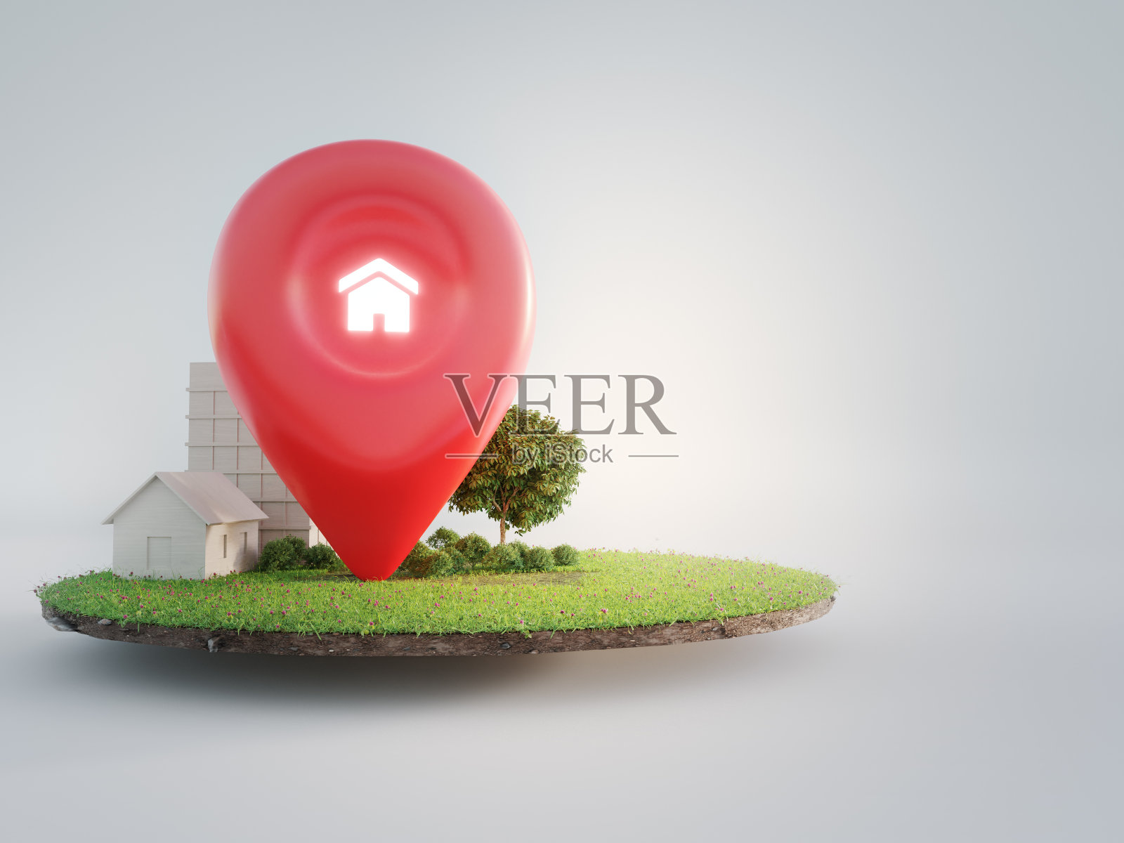 房子的标志与位置大头针图标地球和绿草在房地产销售或房地产投资的概念。照片摄影图片