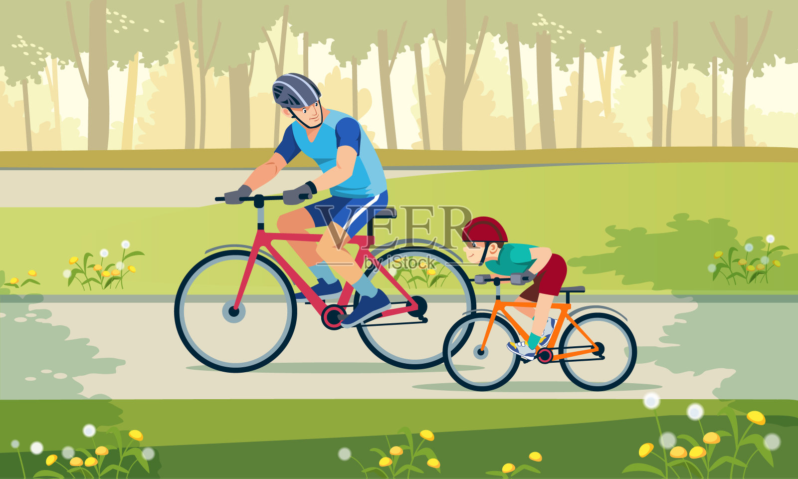 骑自行车。活跃的节日。爸爸和儿子在公园里骑自行车。快乐的家庭在户外骑自行车，微笑。矢量插图。设计元素图片