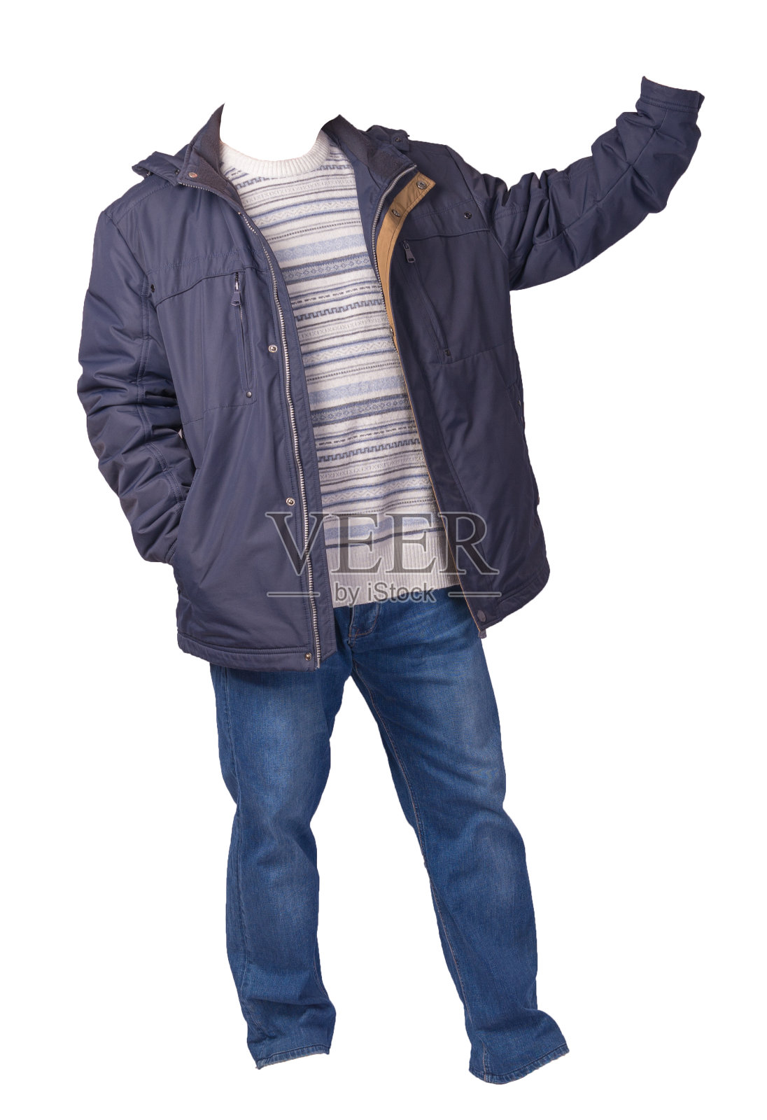 夹克，毛衣和蓝色牛仔裤孤立在白色背景。休闲服装照片摄影图片