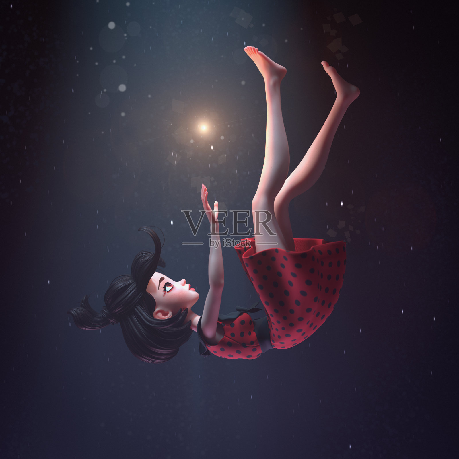 一个女孩穿着复古的裙子和星星一起坠落在深空的3d插图插画图片素材