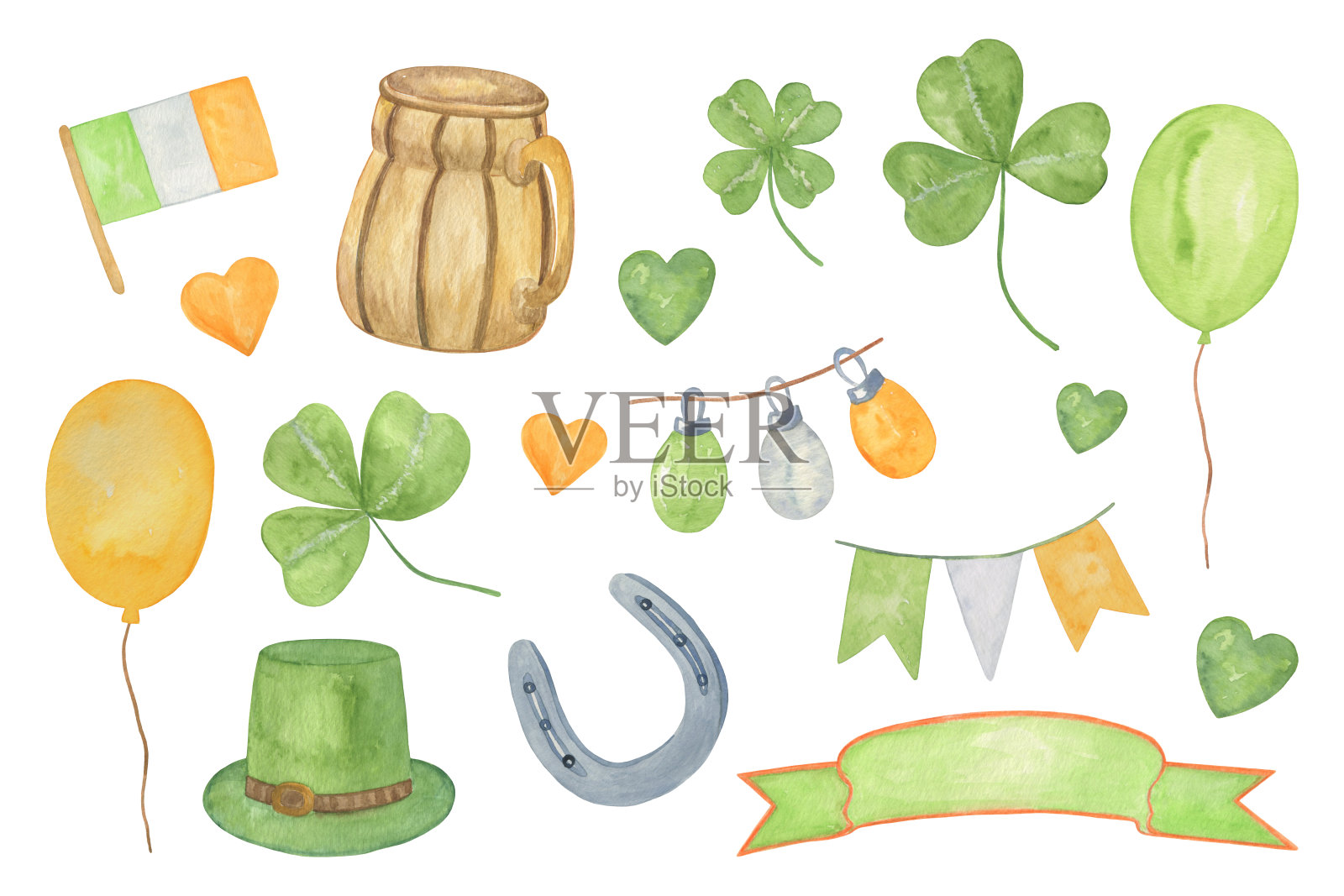 一套手绘水彩元素，象征爱尔兰春天的节日，圣帕特里克节插画图片素材