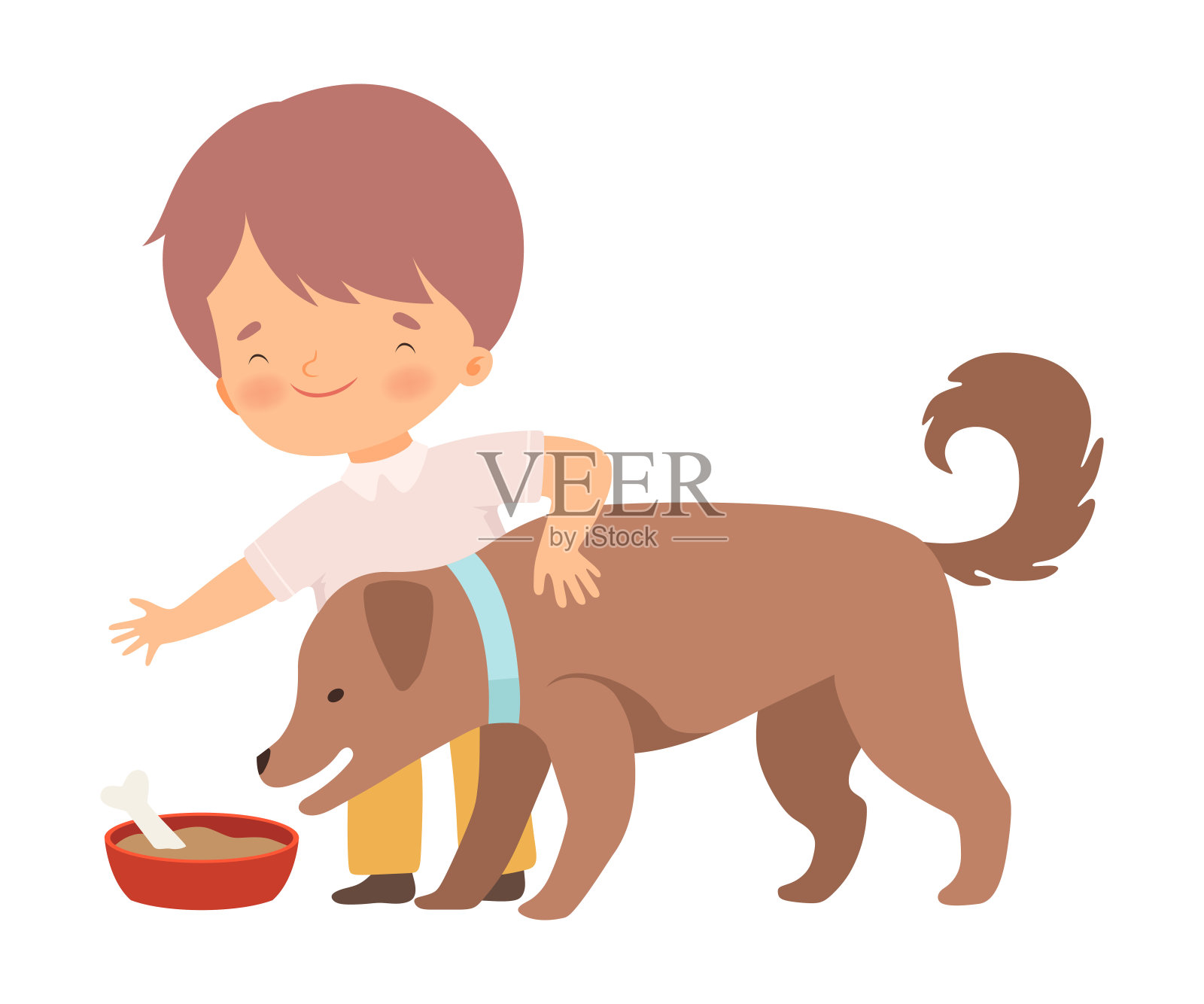 小男孩喂他的小狗矢量插图插画图片素材