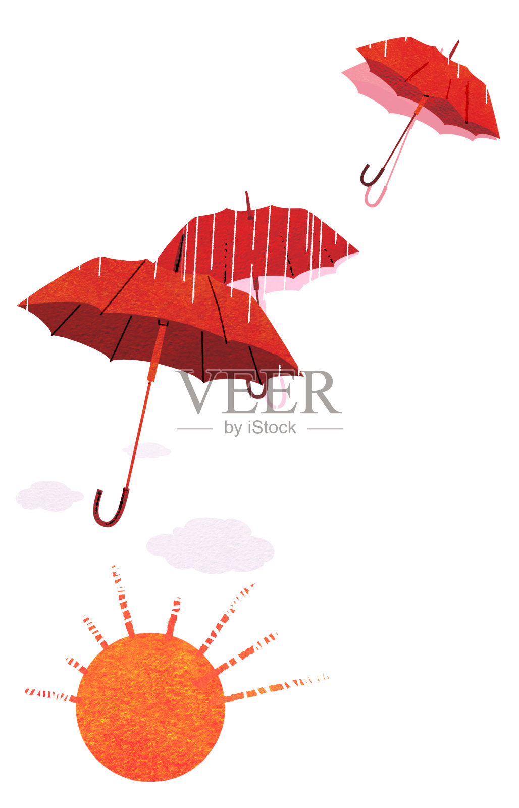 三把红色的雨伞遮着太阳。水彩画纸纹理。在白色背景上隔离插画图片素材