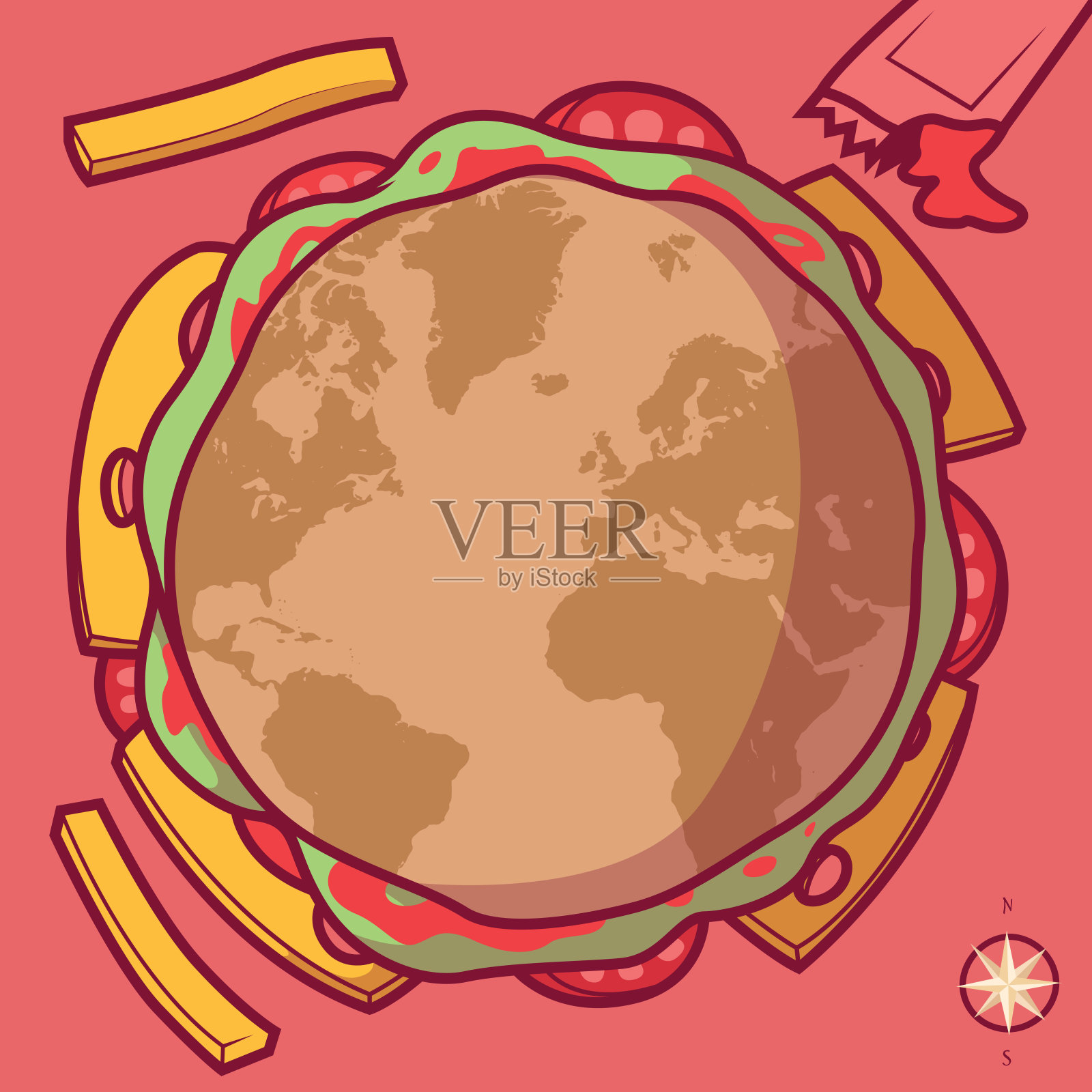 汉堡与世界地图矢量插图。插画图片素材