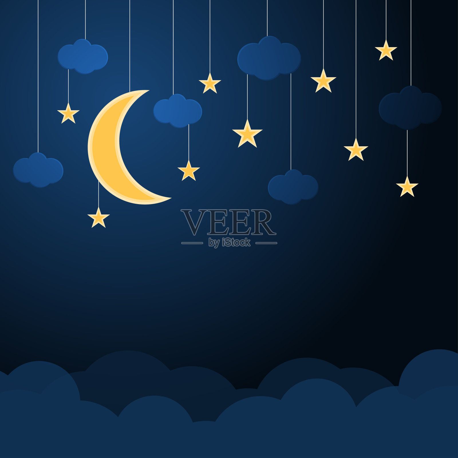 悬挂着半月和星星与云在夜晚蓝色天空矢量背景插画图片素材