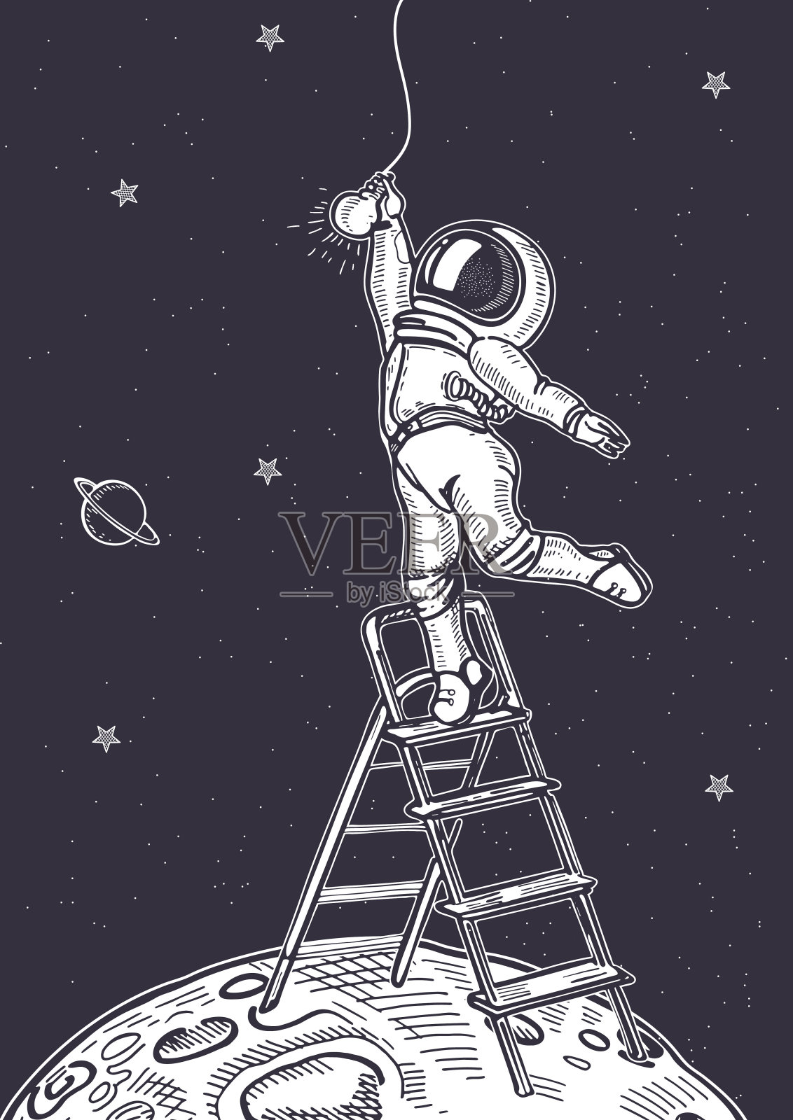 宇航员站在楼梯上拧电灯泡。插画图片素材