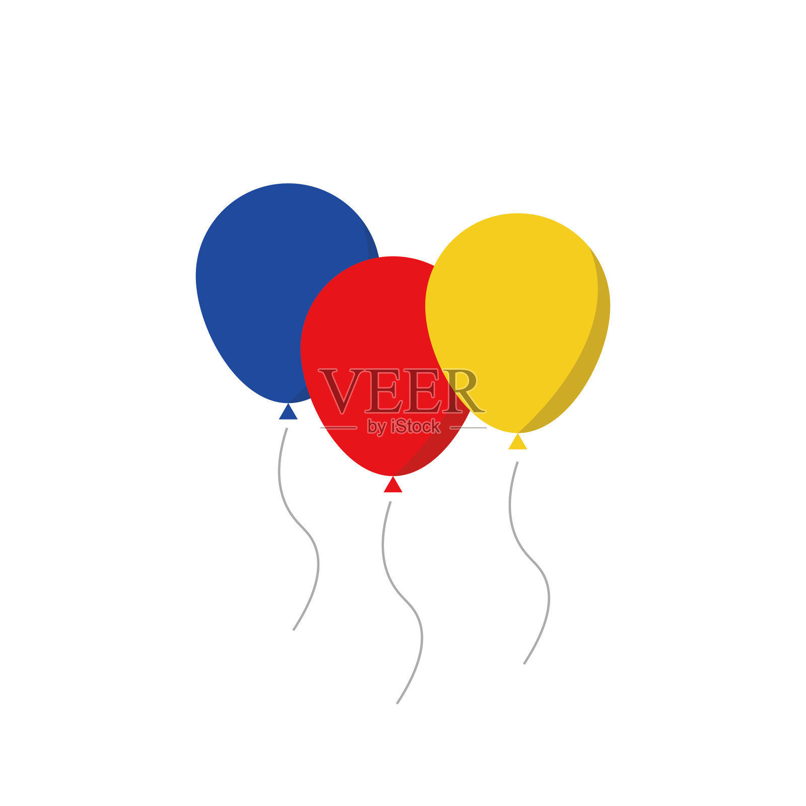 卡通气球。蓝色，黄色和红色气球在平面风格孤立与阴影在白色的背景。设计元素图片