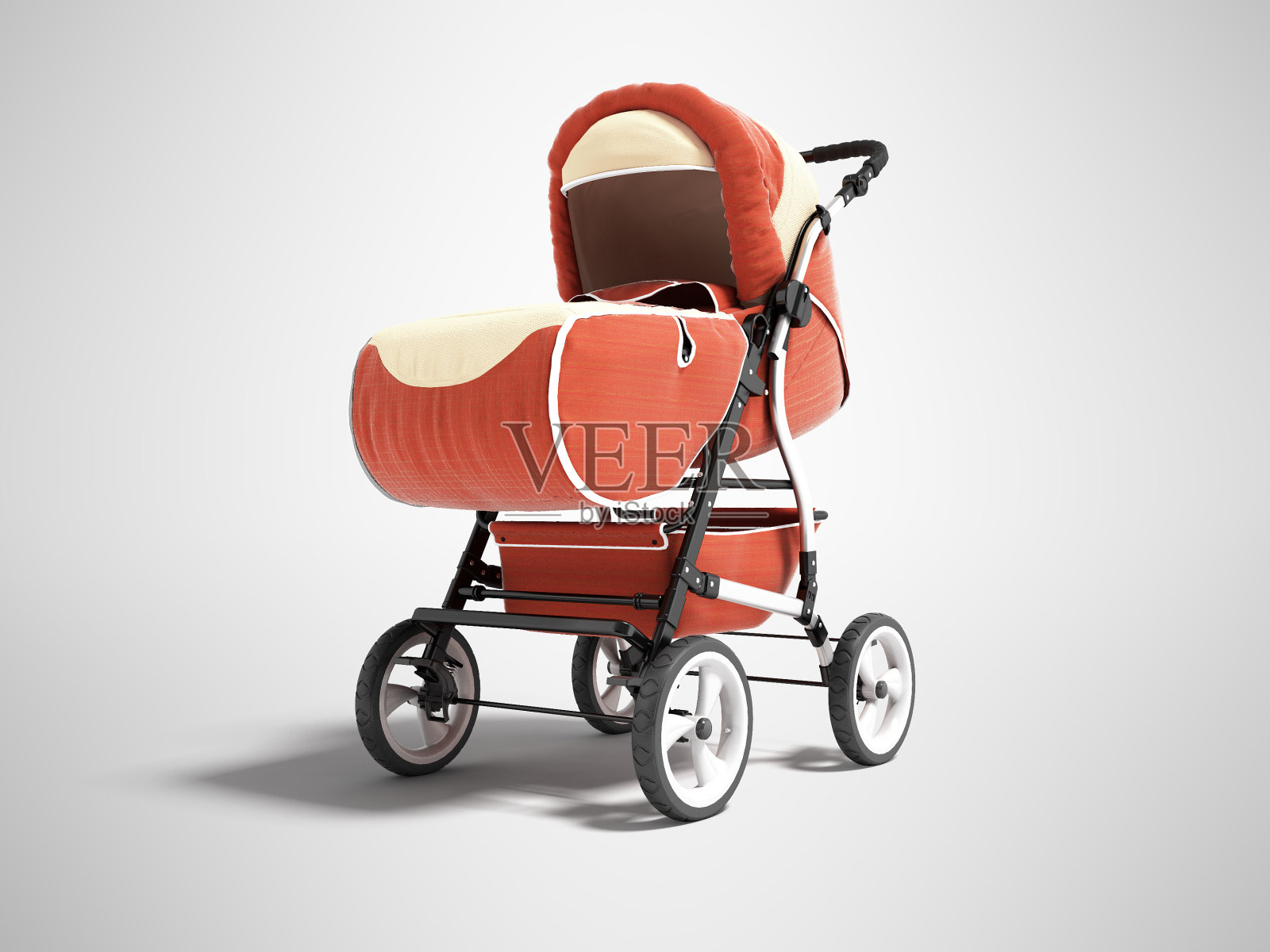 新的橙色婴儿车的孩子，所有季节的3d渲染在灰色背景与阴影照片摄影图片