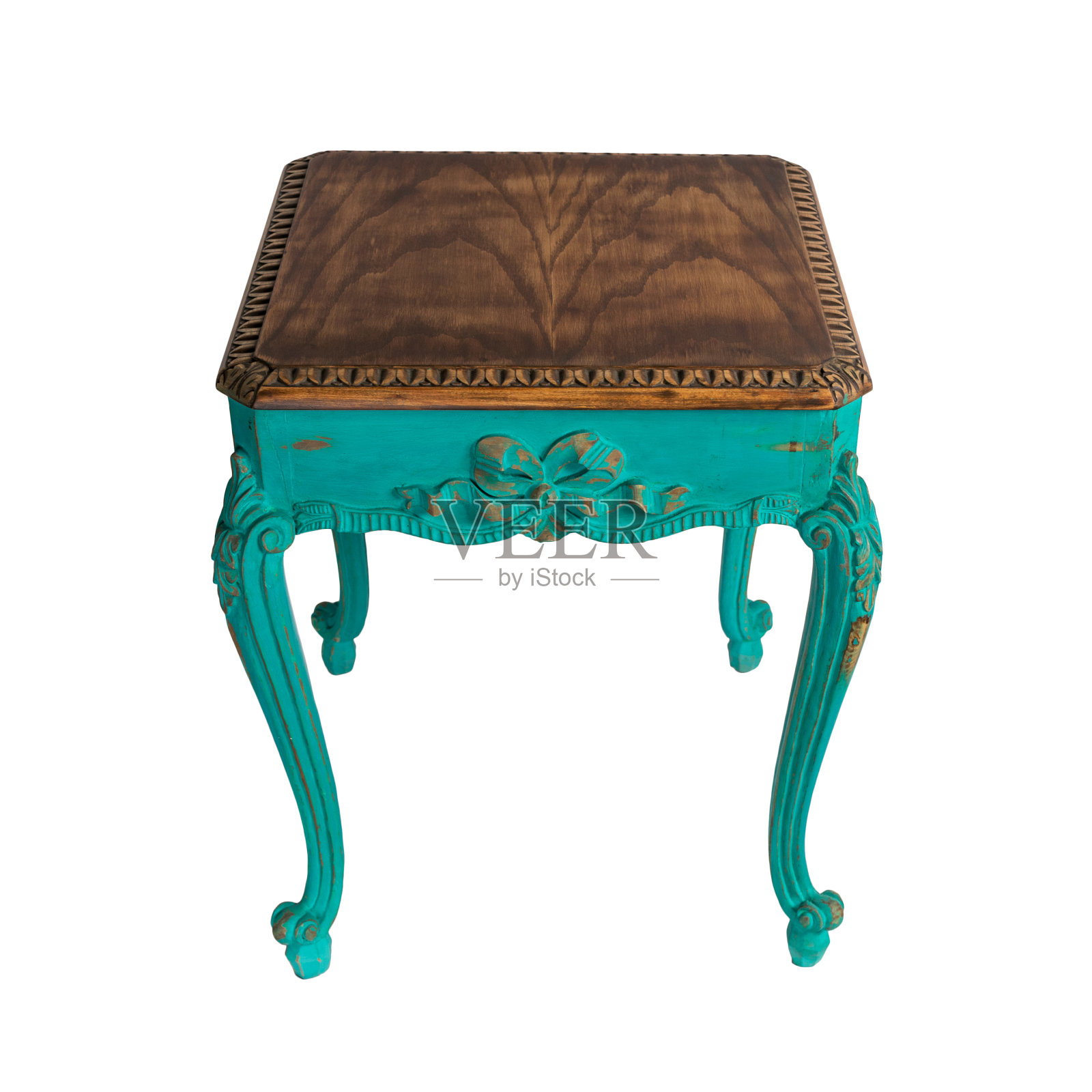 复古家具-复古的木制桌子，绿色的腿与修剪路径隔离照片摄影图片