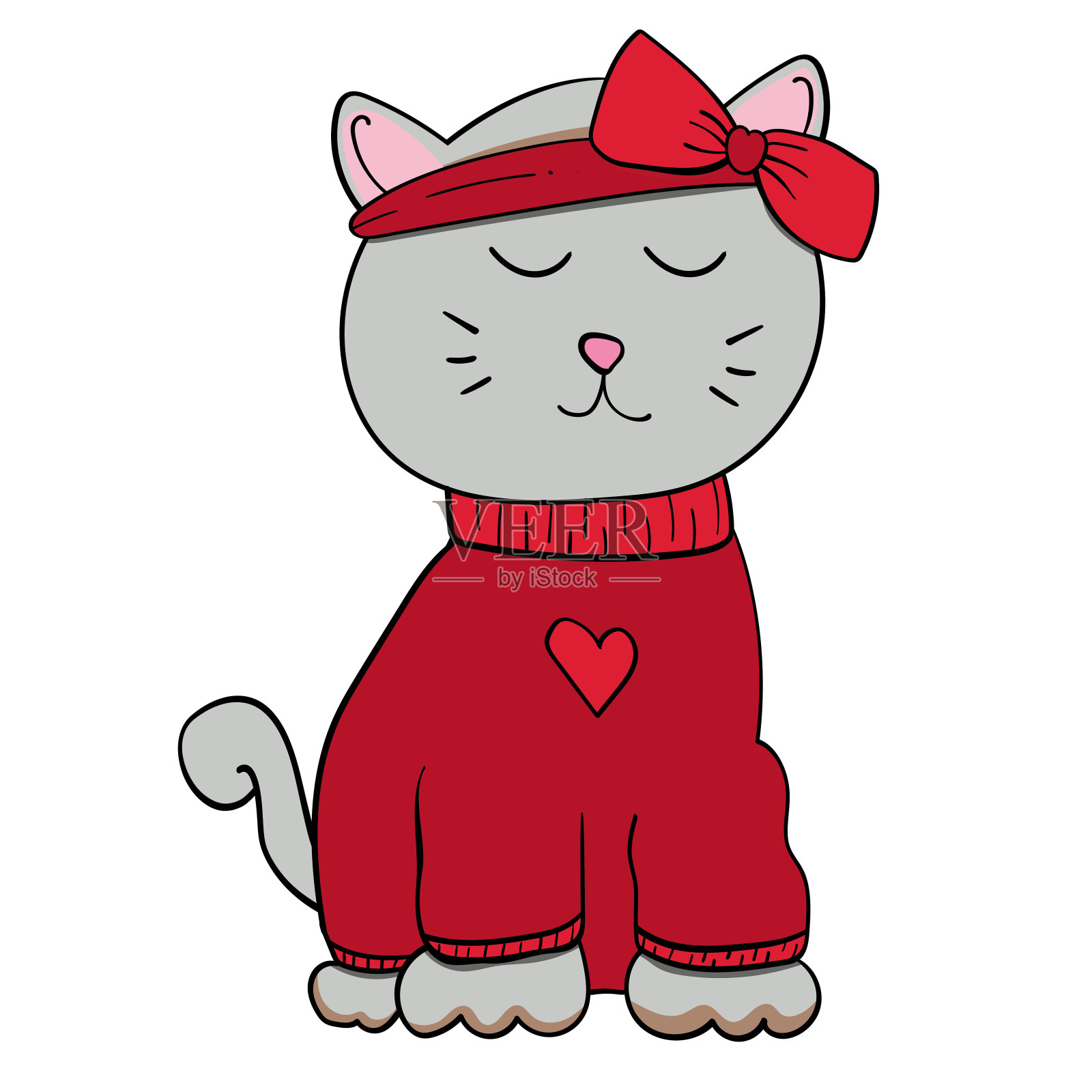 手画猫喵可爱的红心。向量印刷设计。设计元素图片