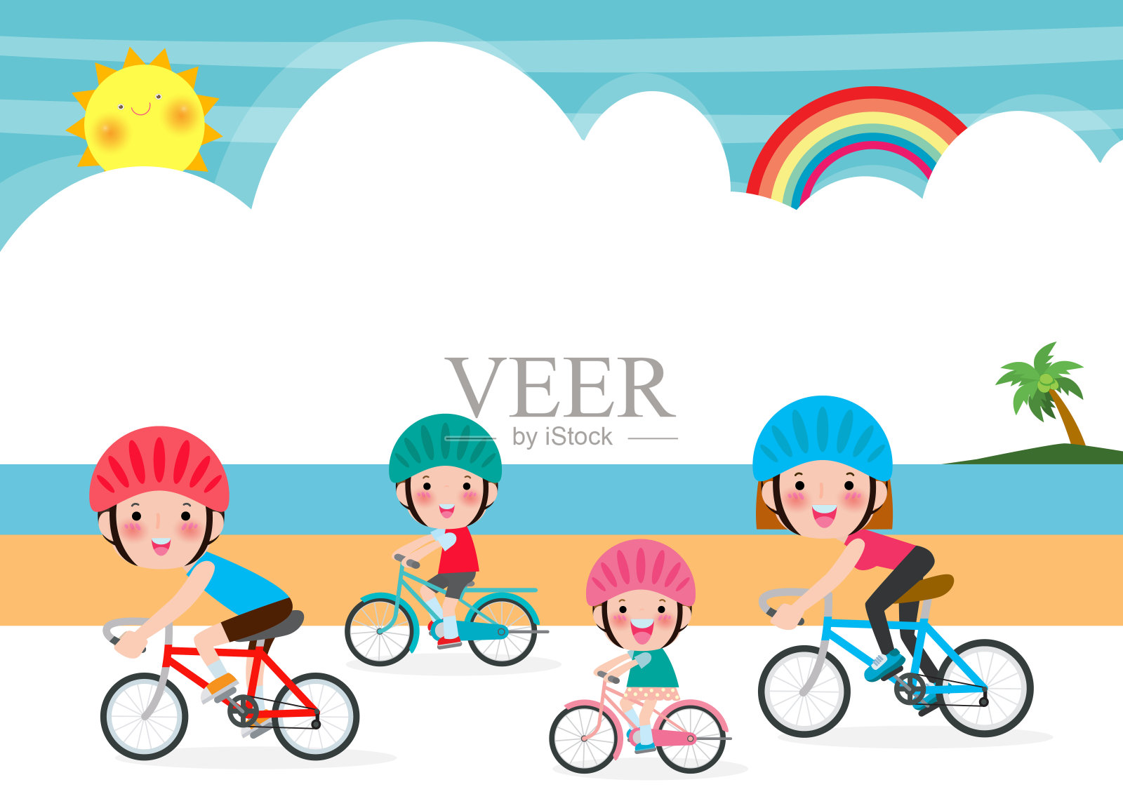 快乐的家庭在暑假骑自行车，丈夫和妻子与孩子花时间在背景海矢量图骑自行车插画图片素材