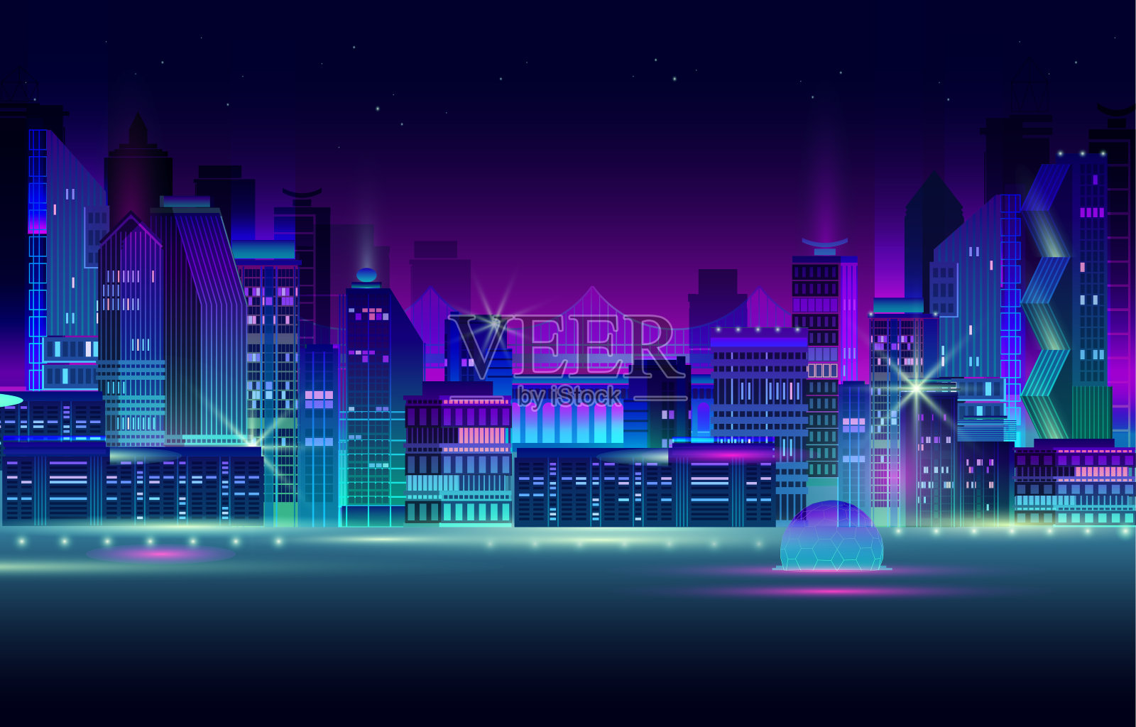 夜晚的城市全景与霓虹灯在黑暗的背景。向量。插画图片素材