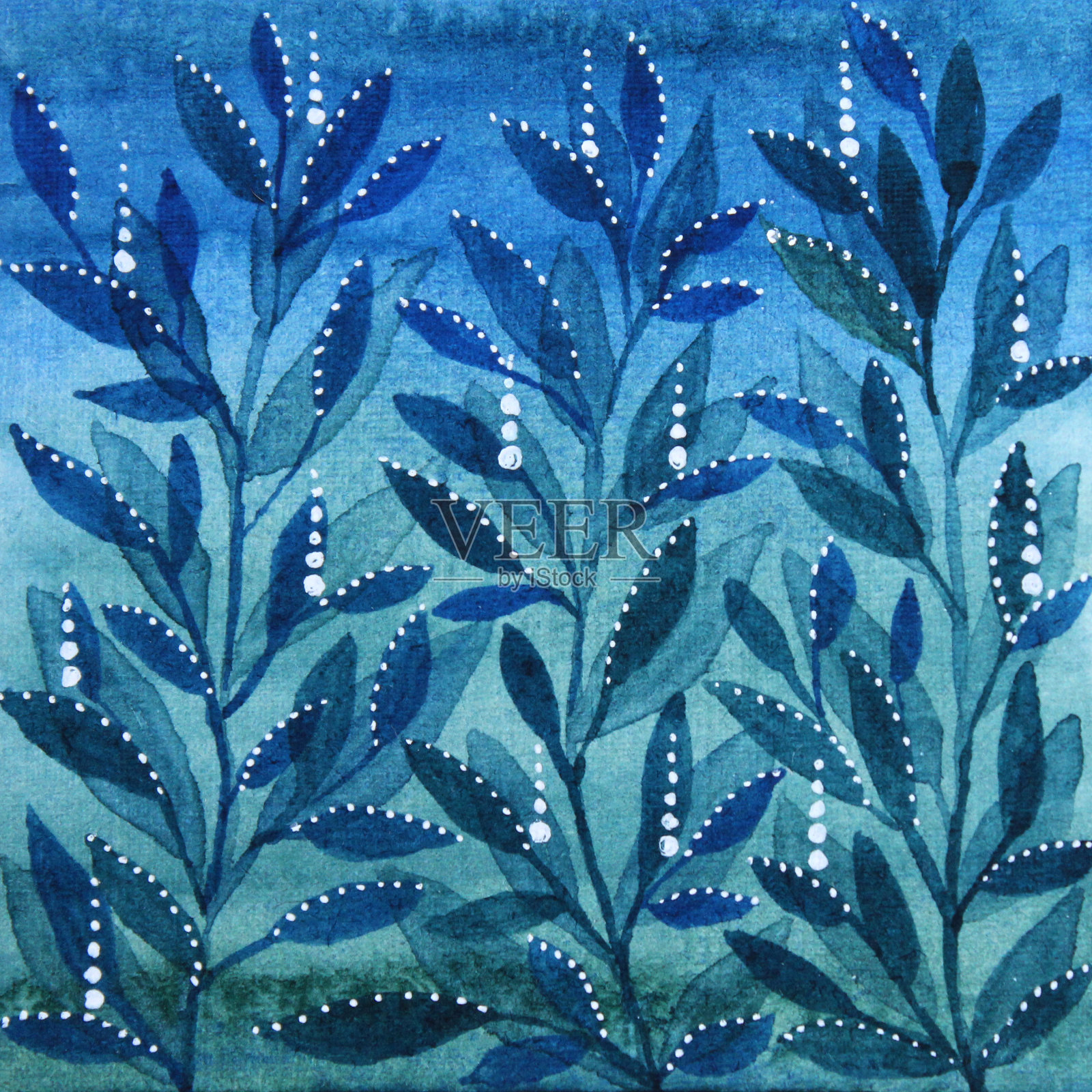 水彩蓝色和绿色植物图案与枝叶创意背景插画图片素材