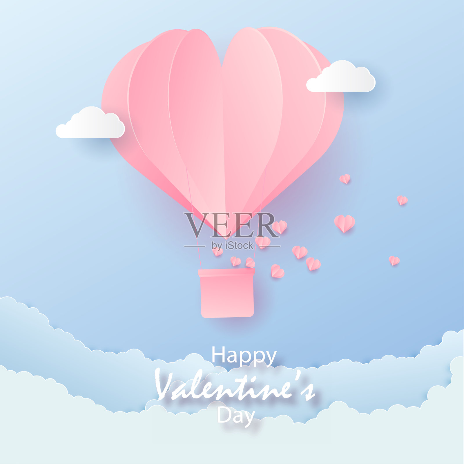 情人节快乐，用折纸与飞翔的热气球在空中用心形纸艺术。矢量图插画图片素材