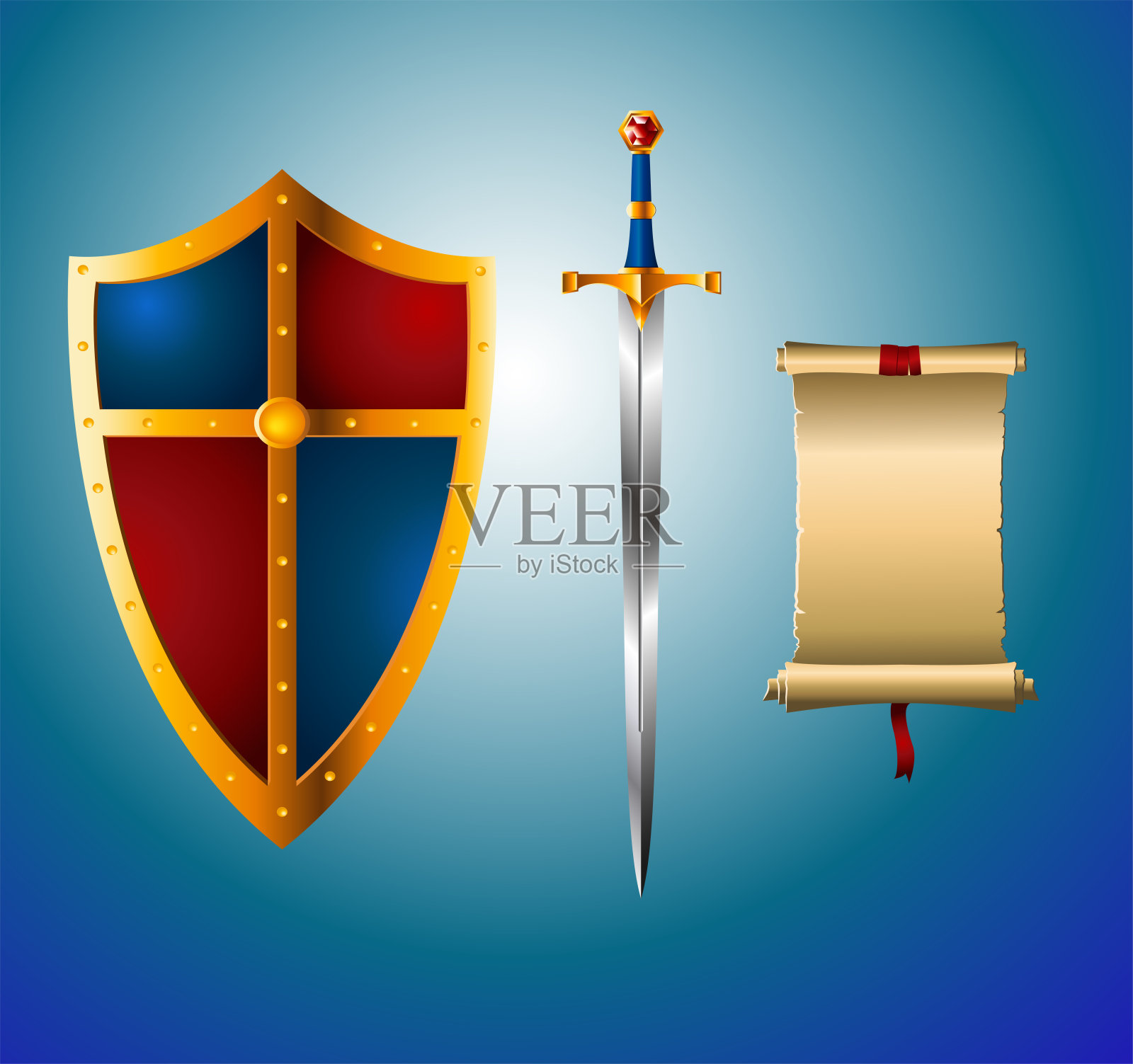彩色矢量骑士的剑，盾牌和羊皮纸插画图片素材