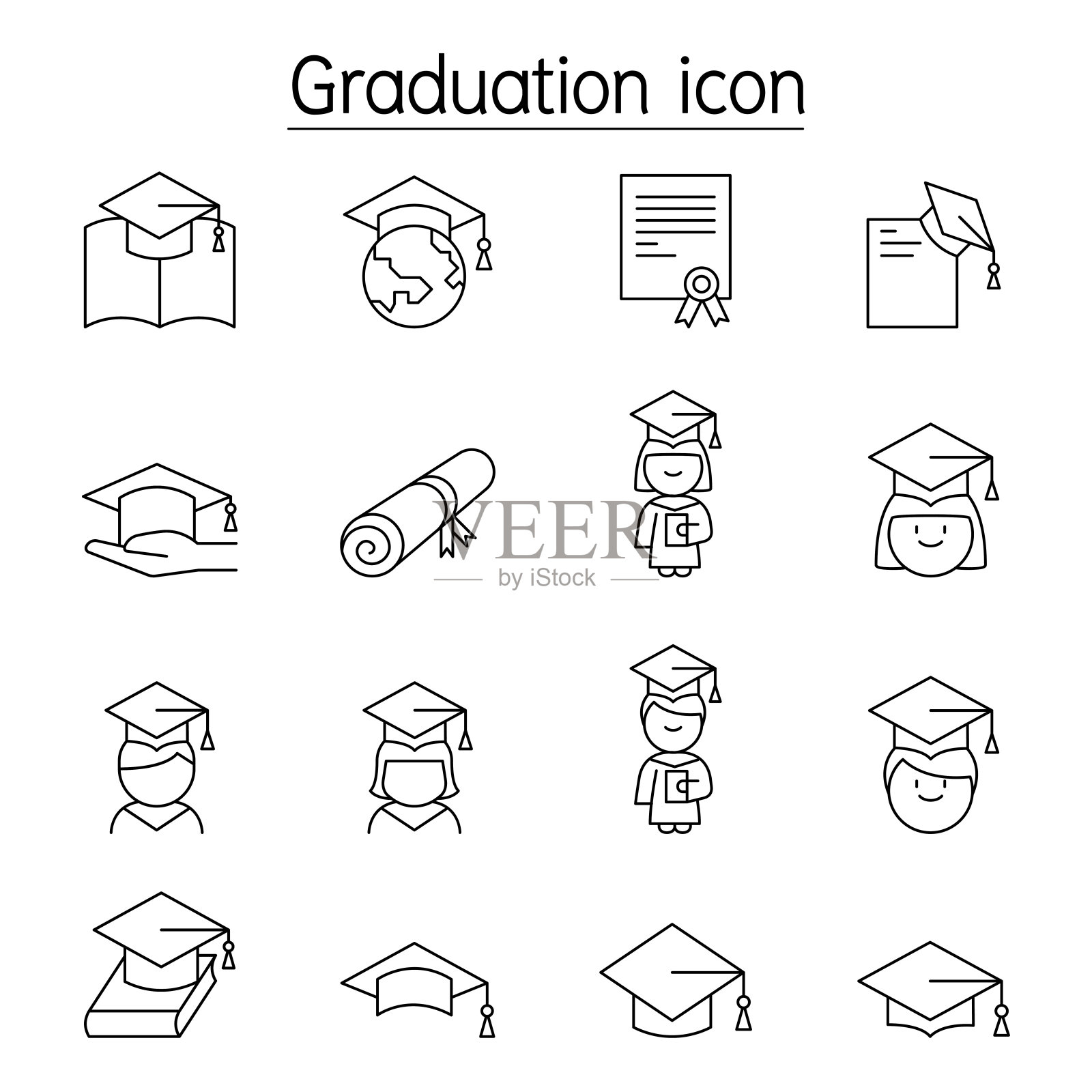 毕业图标设置在细线风格图标素材