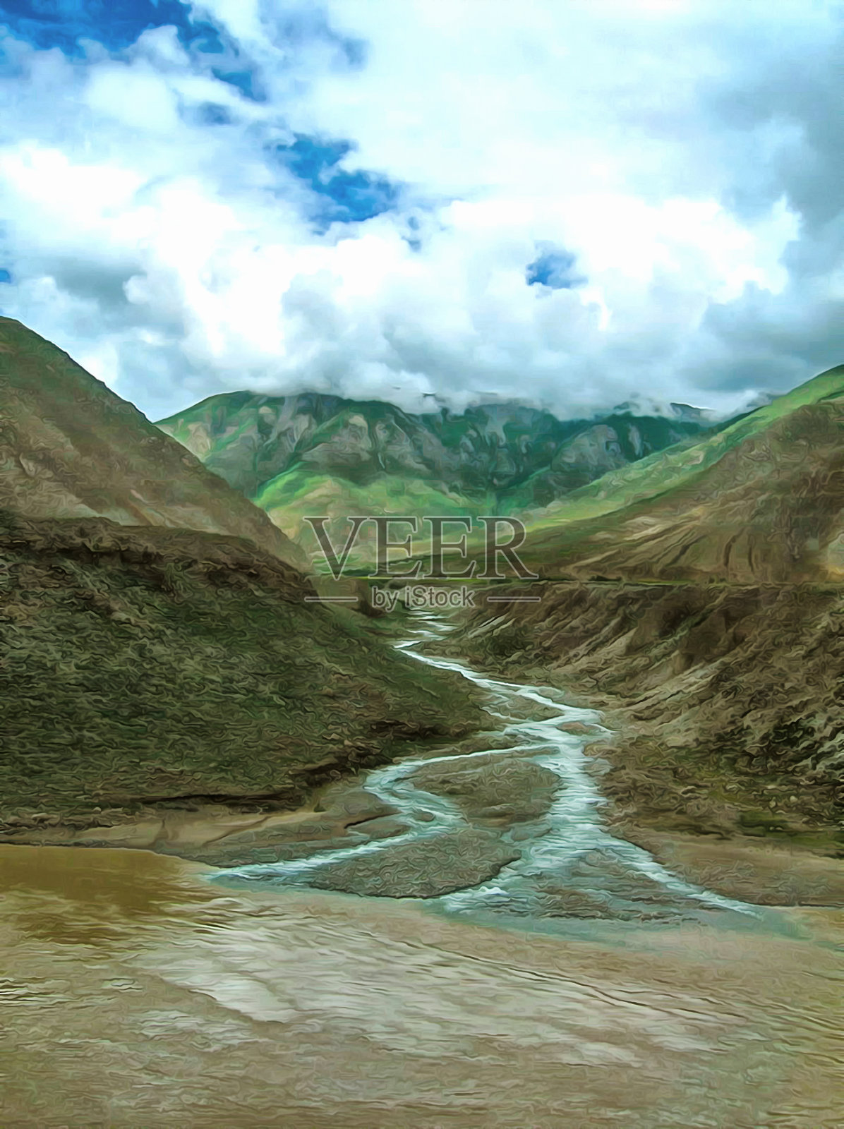 水彩画山景，喜马拉雅山，西藏。旅游,旅行。山景和湖景。数字绘画-插图。水彩绘画。照片摄影图片