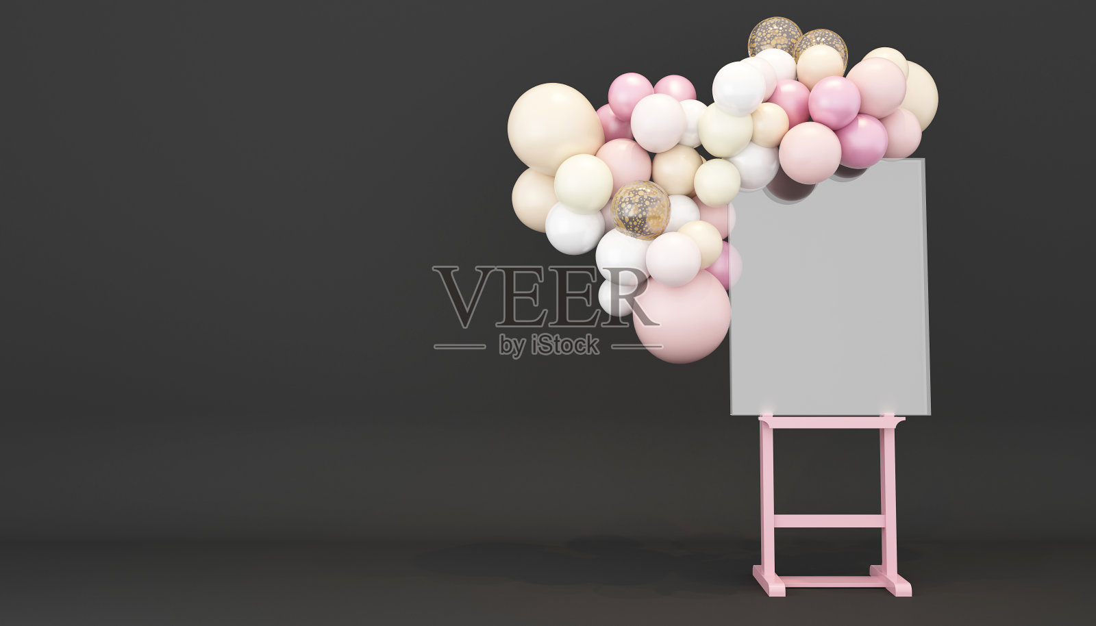 生日装饰，粉色气球和木板。照片摄影图片