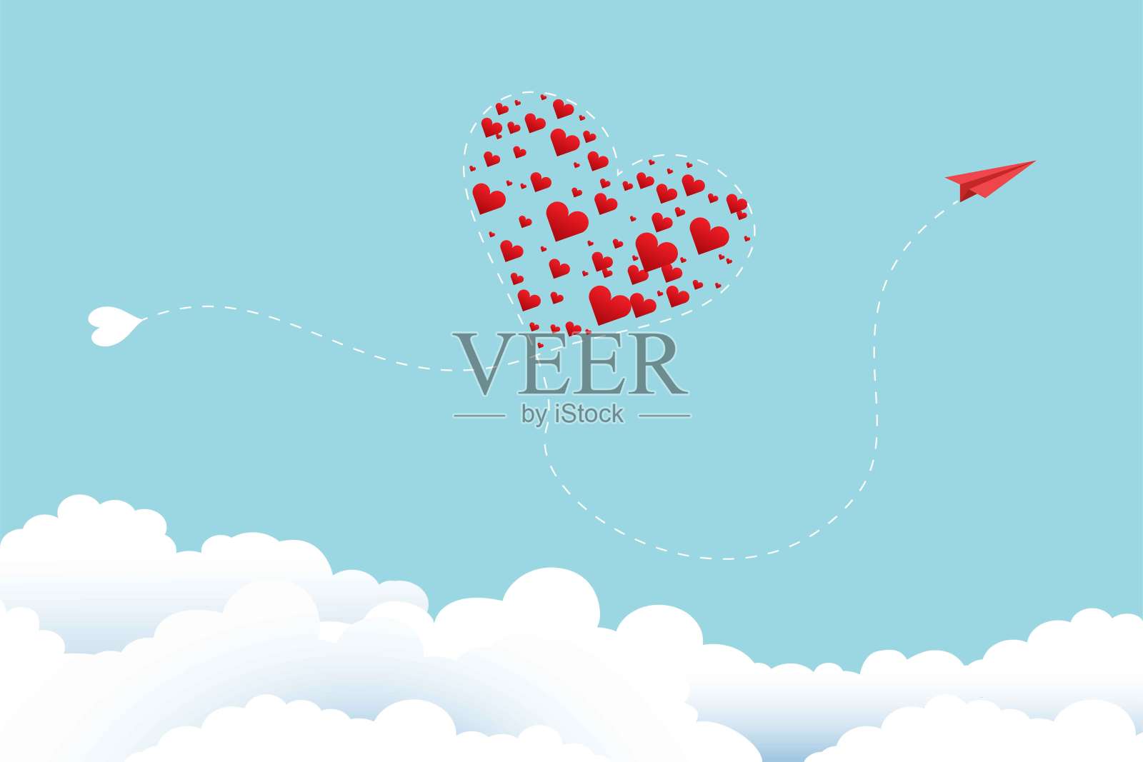 纸张艺术风格的情人节贺卡和爱情概念。红色的飞机在云和蓝天上飞行看起来像心形。矢量插图。插画图片素材