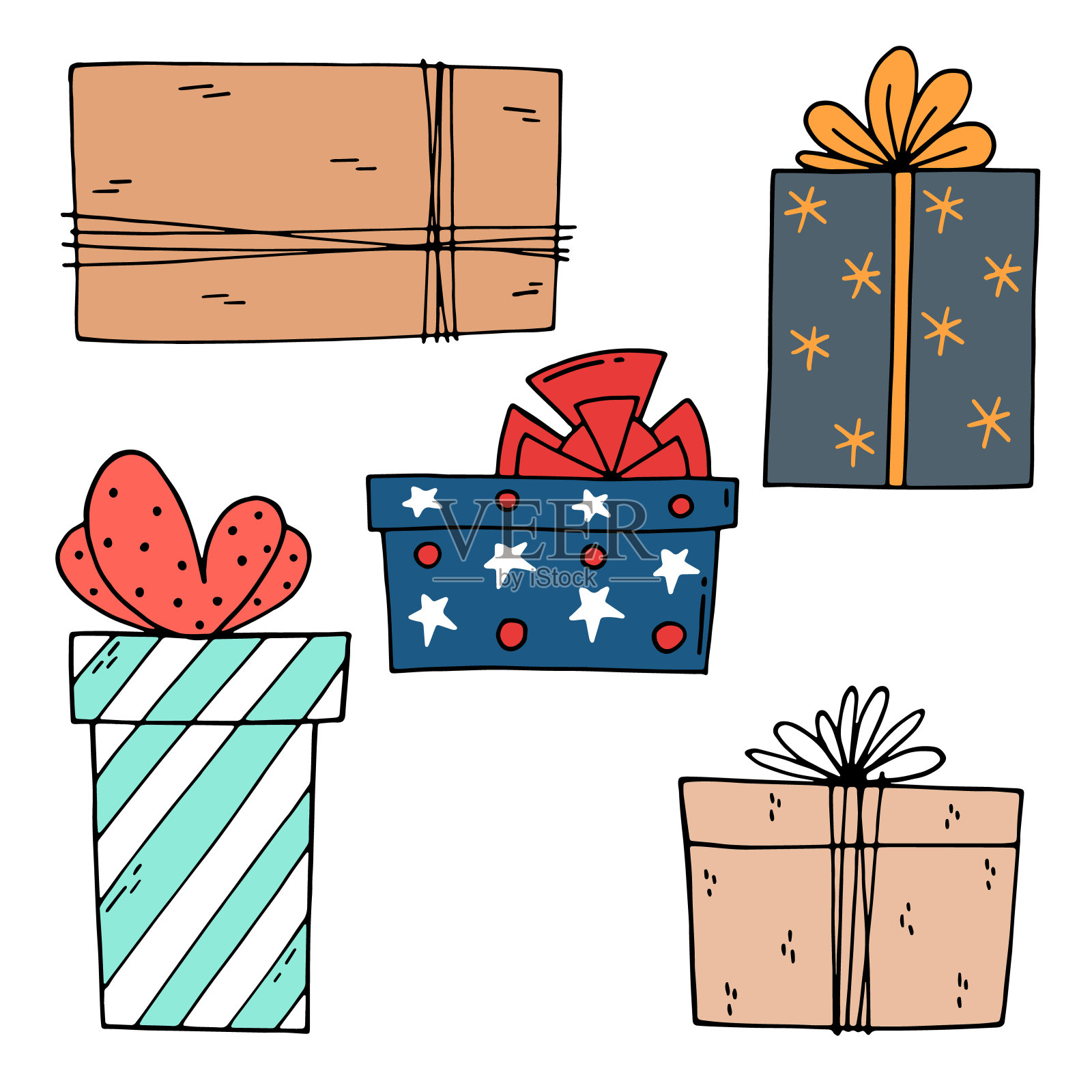 收集手绘的彩色和可爱的礼盒孤立的背景。很好的圣诞设计元素，生日贺卡。矢量插图。插画图片素材