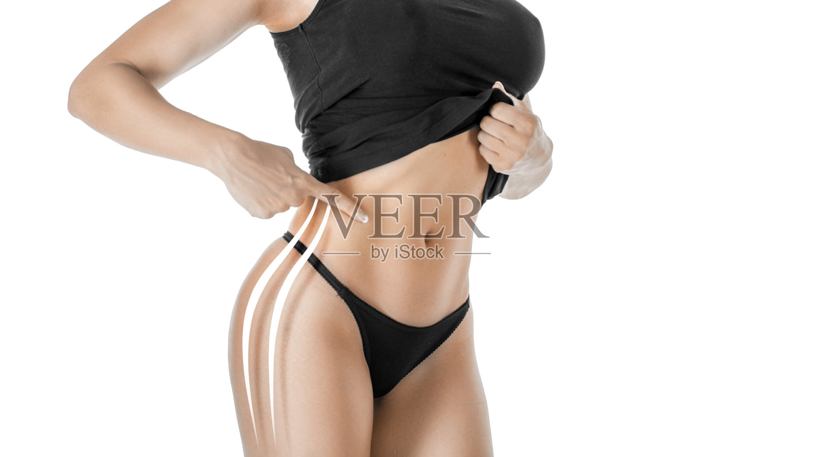 运动和性感的女性身体与身体矫正线隔离在白色。照片摄影图片