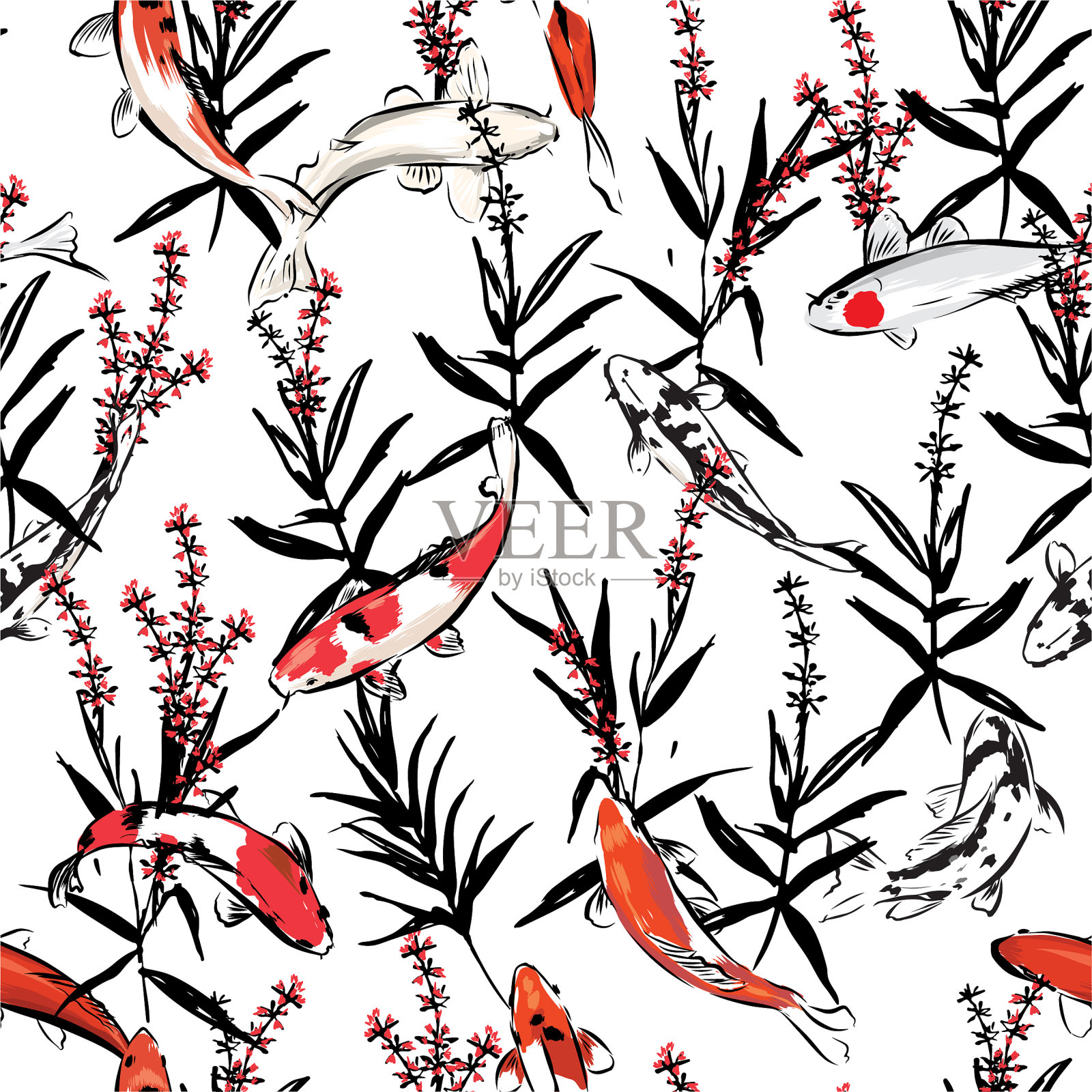 无缝日本花卉手绘墨水图案矢量EPS10背景鲤鱼，设计时尚，织物，网，壁纸，包装和所有印花插画图片素材