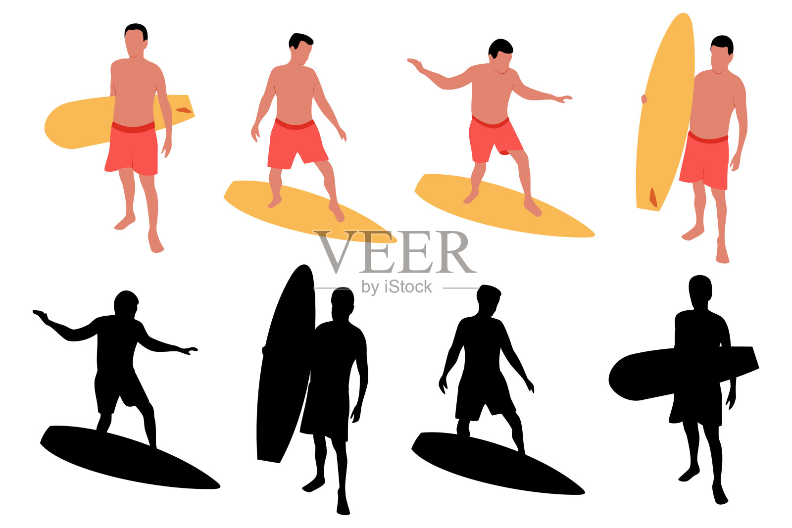 冲浪者与冲浪板矢量卡通插图和黑色剪影设置孤立的白色背景。插画图片素材