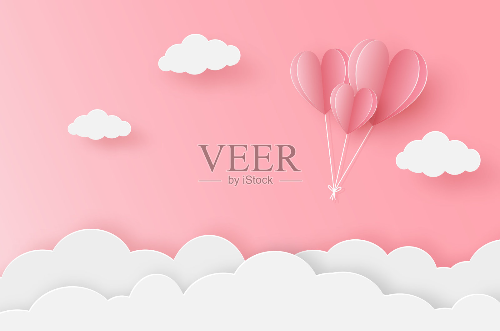 纸心气球在粉红色的天空中飞翔插画图片素材