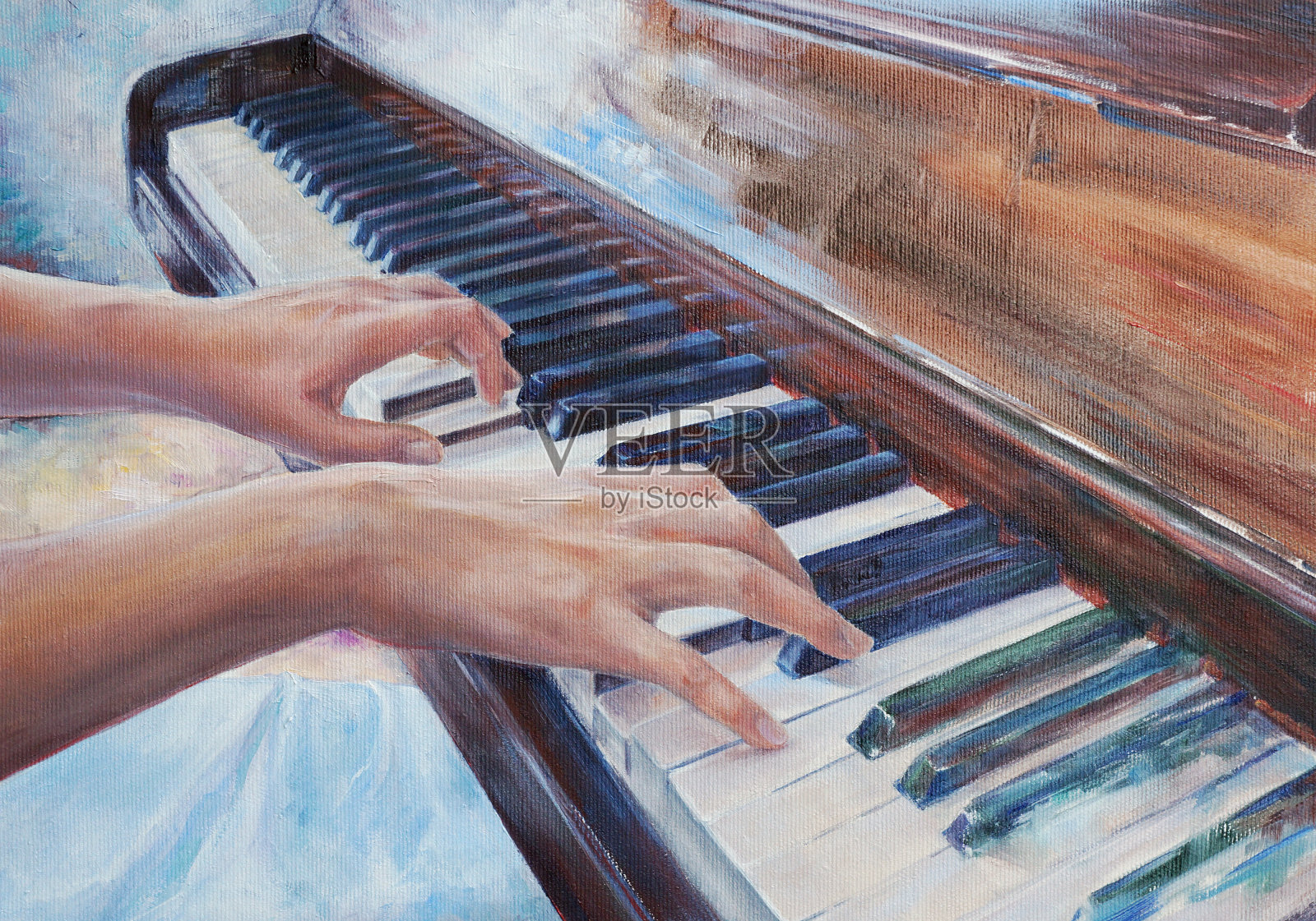 女钢琴家的手和琴键油画在画布上插画图片素材