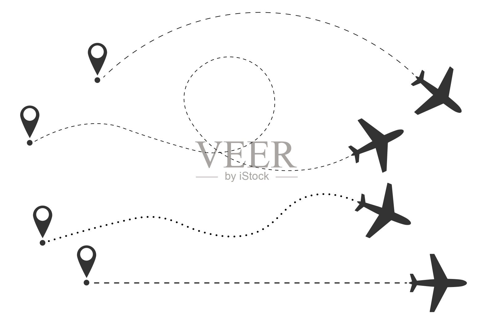 飞机线路径矢量图标飞机飞行路线的起始点和虚线轨迹。孤立在白色背景上。旅行飞机交通模板。飞机标志符号标志设计元素图片