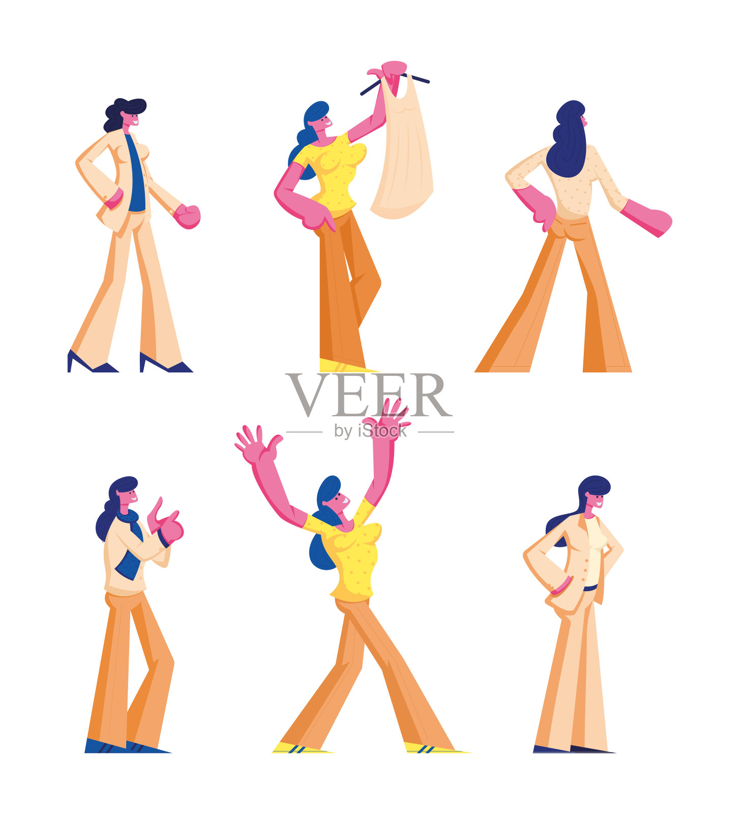 女性角色在休闲和正式服装站在不同的姿态，手势，选择或购买连衣裙，穿着套装孤立在白色背景卡通平面矢量插图插画图片素材