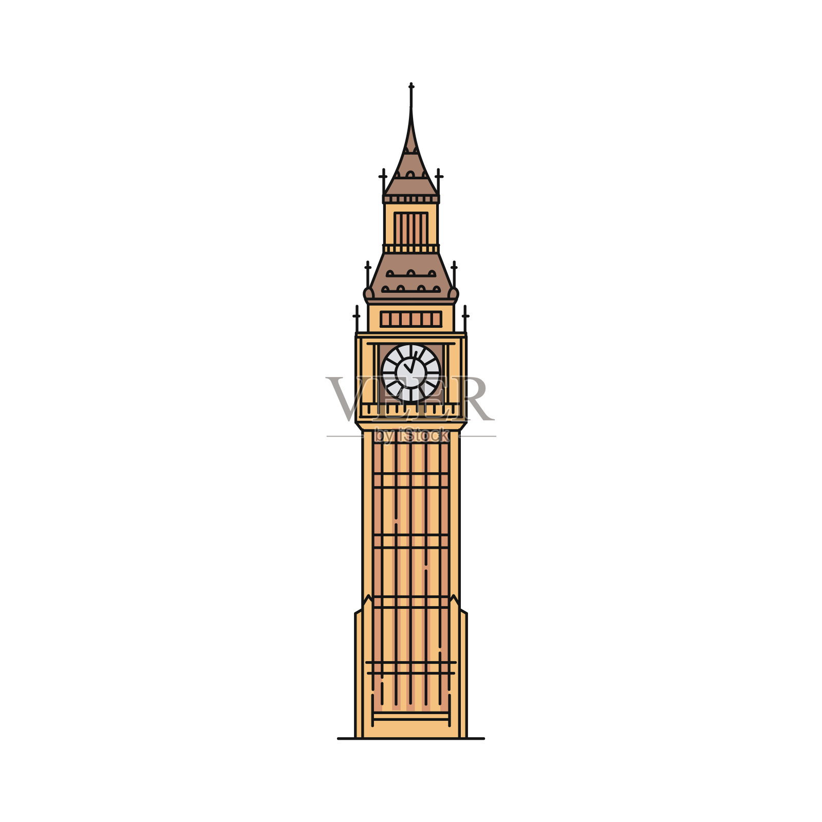 扁平的大本钟图标孤立在白色背景-著名的伦敦地标插画图片素材