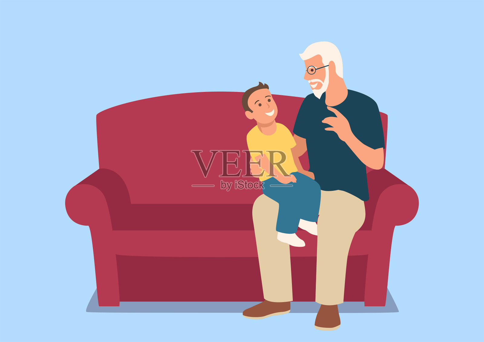 爷爷和孙子坐在沙发上插画图片素材