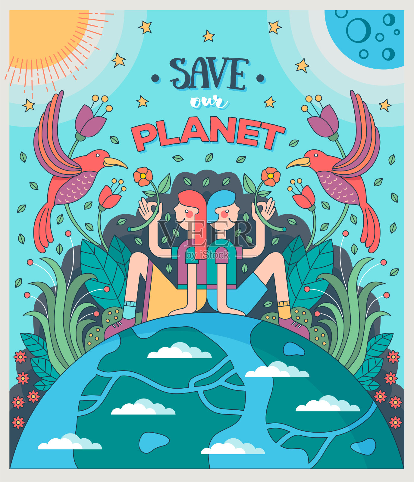 拯救我们的星球。女孩和男孩坐在地球上给鸟献花，周围的植物，太阳和月亮。保护自然，生态理念。插画图片素材