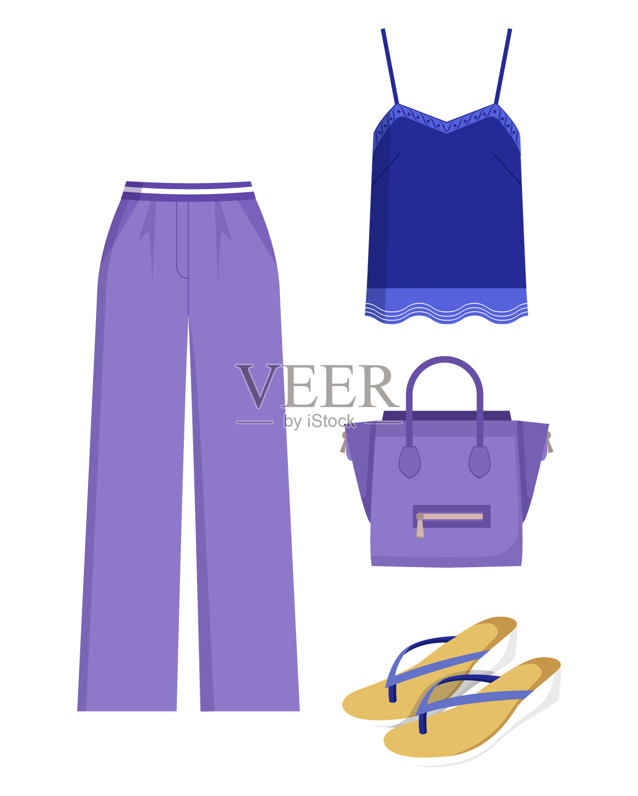 淡紫色裤子和手提包，蓝色衬衫，色卡设计元素图片
