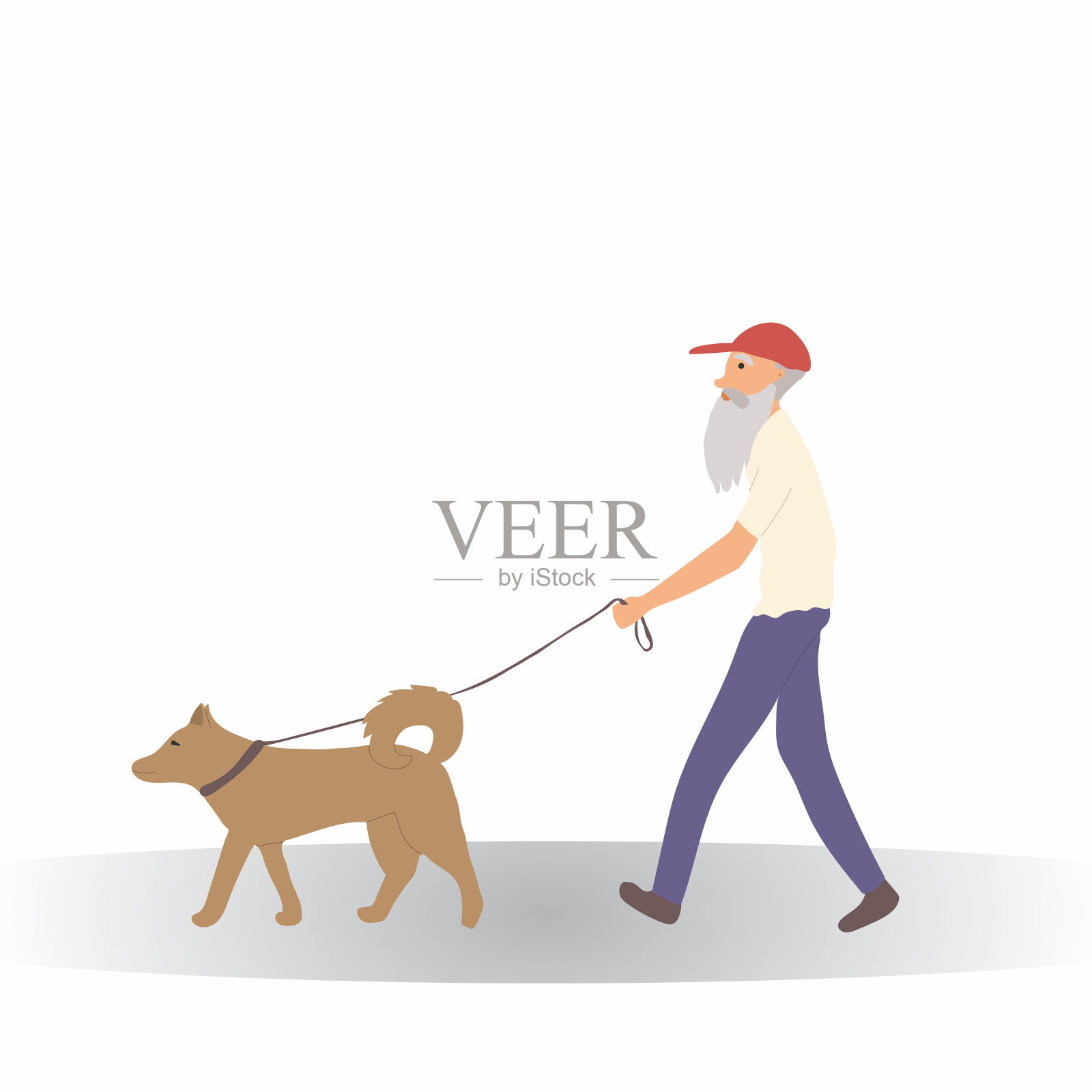 戴着红帽子、t恤和牛仔裤的老人带着棕色的狗散步。爷爷花时间和小狗在户外。有趣的可爱dog-fancier。矢量卡通插图孤立的白色背景。设计元素图片