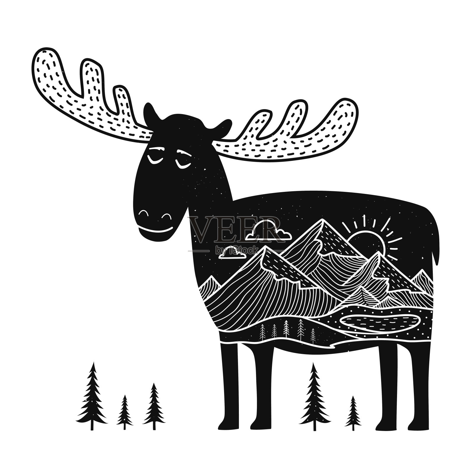 矢量插图与驼鹿动物和山景观，太阳和松树。设计元素图片
