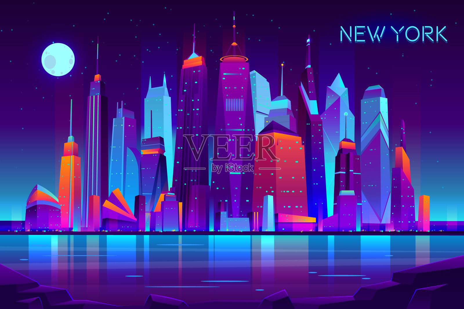 夜城市未来的景观矢量背景插画图片素材