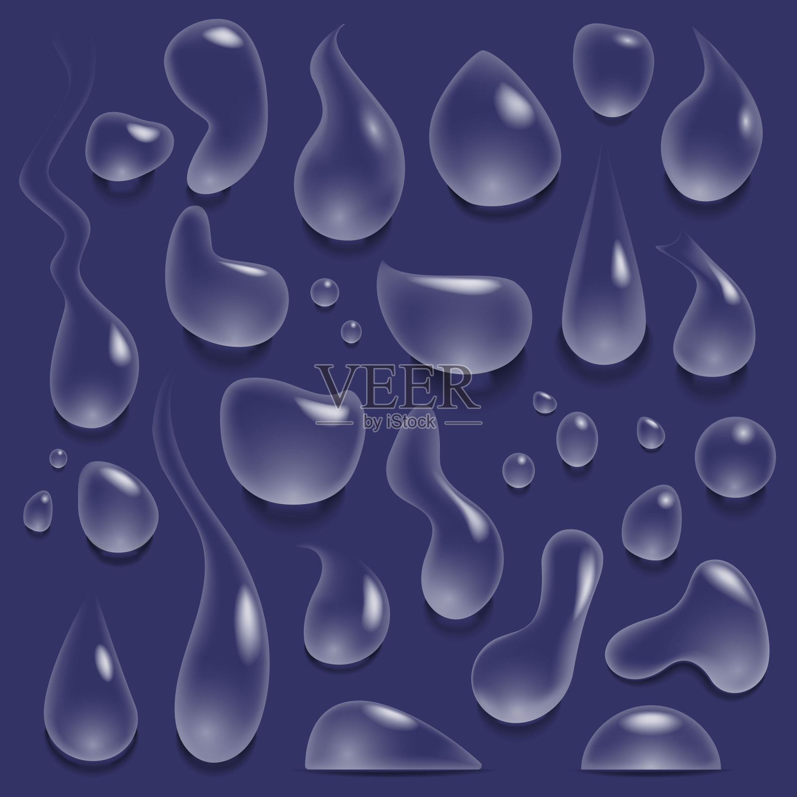 水滴是真实的。水滴纯水，水滴不同形状的三维矢量插图集设计元素图片