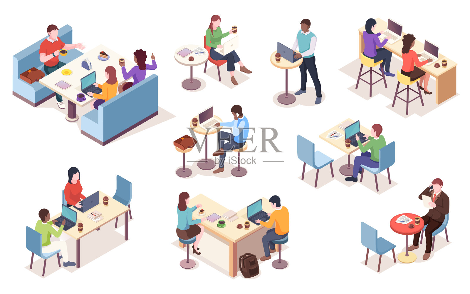 一组孤立向量等距人与笔记本在咖啡馆。自助餐厅工作或在餐厅工作的信息图表元素。工作区图标。和同事喝咖啡或茶。商务午餐和咖啡插画图片素材