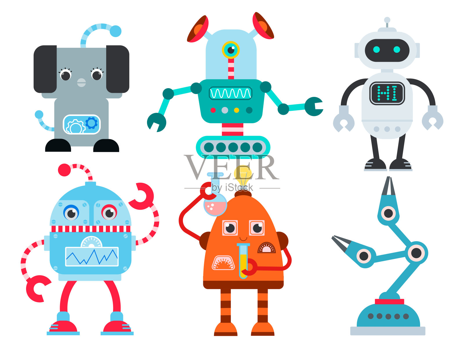 一套可爱的机器人以卡通风格来设计海报，邀请孩子们参加派对插画图片素材