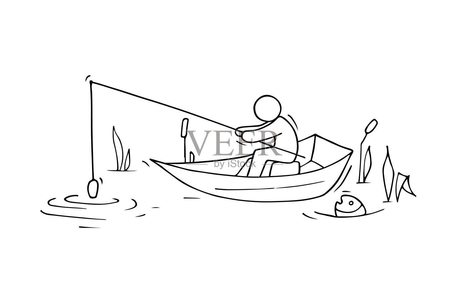 坐在船上钓鱼的人插图(渔夫、钓鱼、湖面、船、人物)扁平化插图_北极熊素材库
