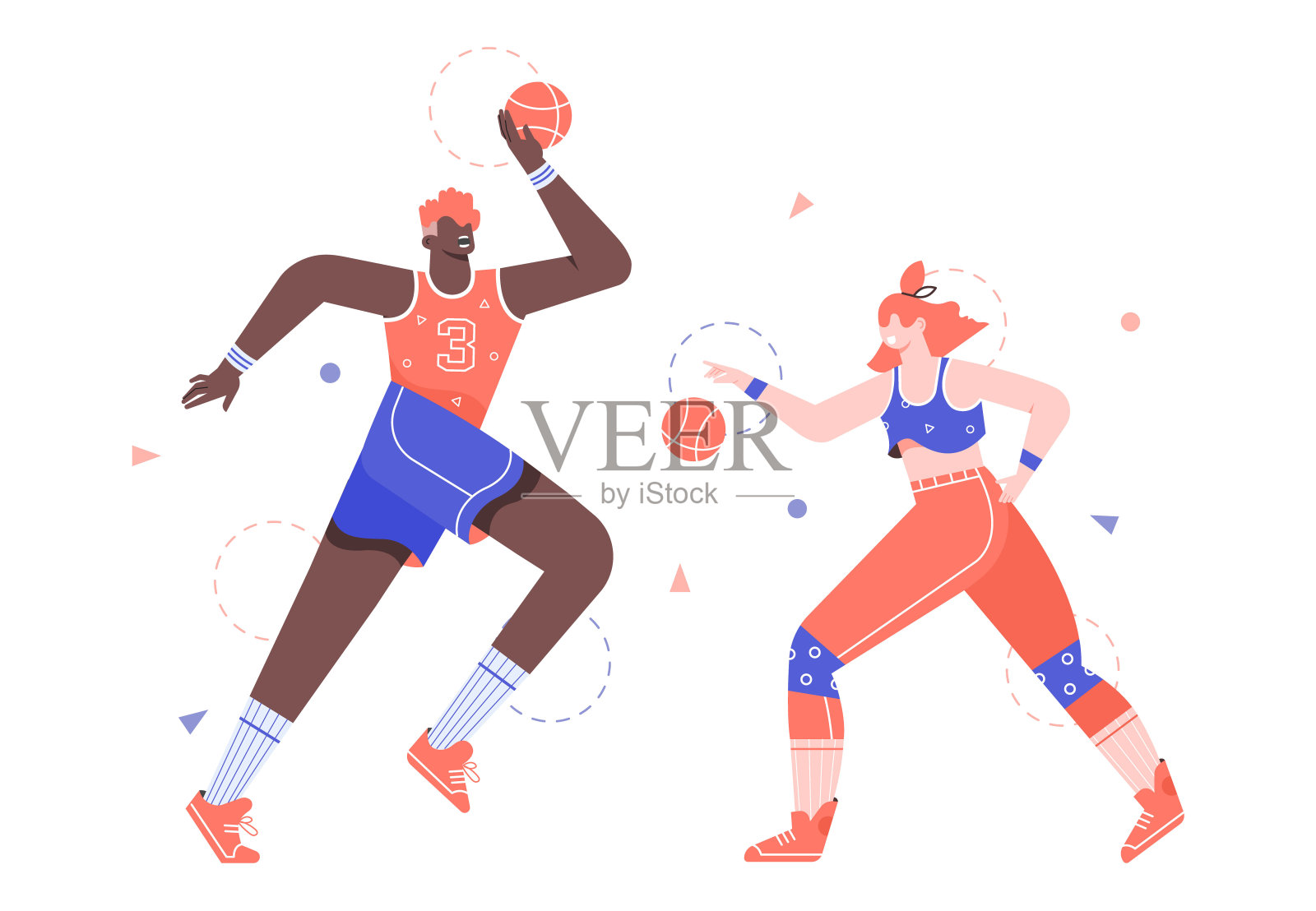 男人和女人在打篮球。插画图片素材