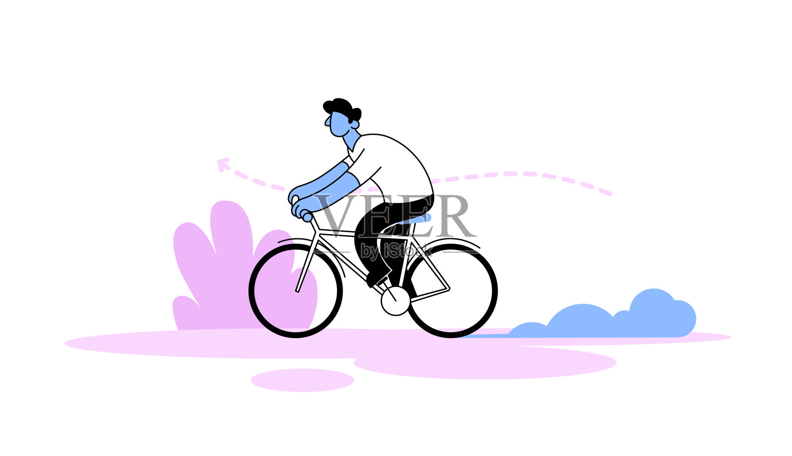 卡通人物骑着自行车在程式化的景观背景。平面向量插图。孤立在白色背景上。设计元素图片