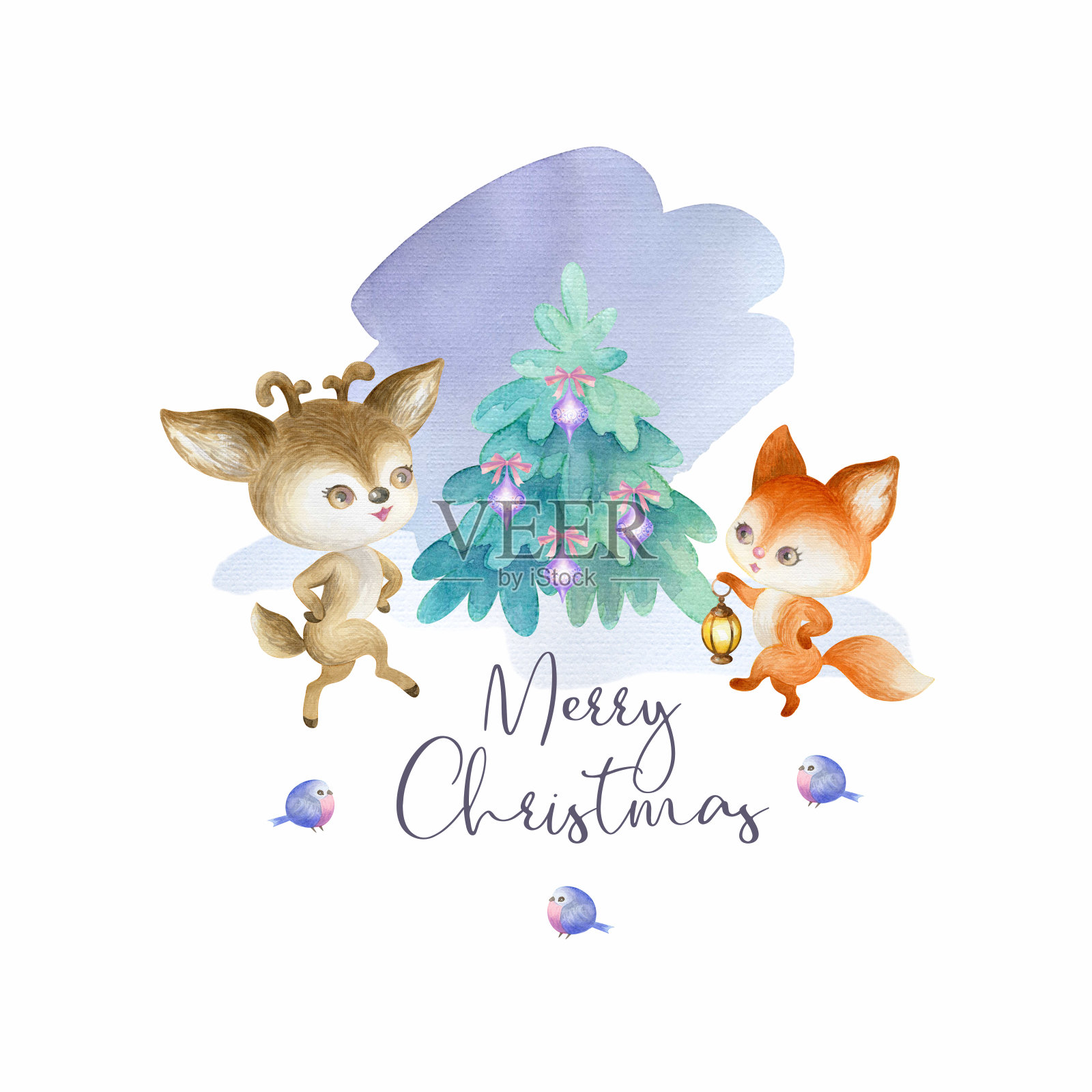 可爱的森林动物圣诞海报。手绘水彩插图孤立的白色背景。插画图片素材