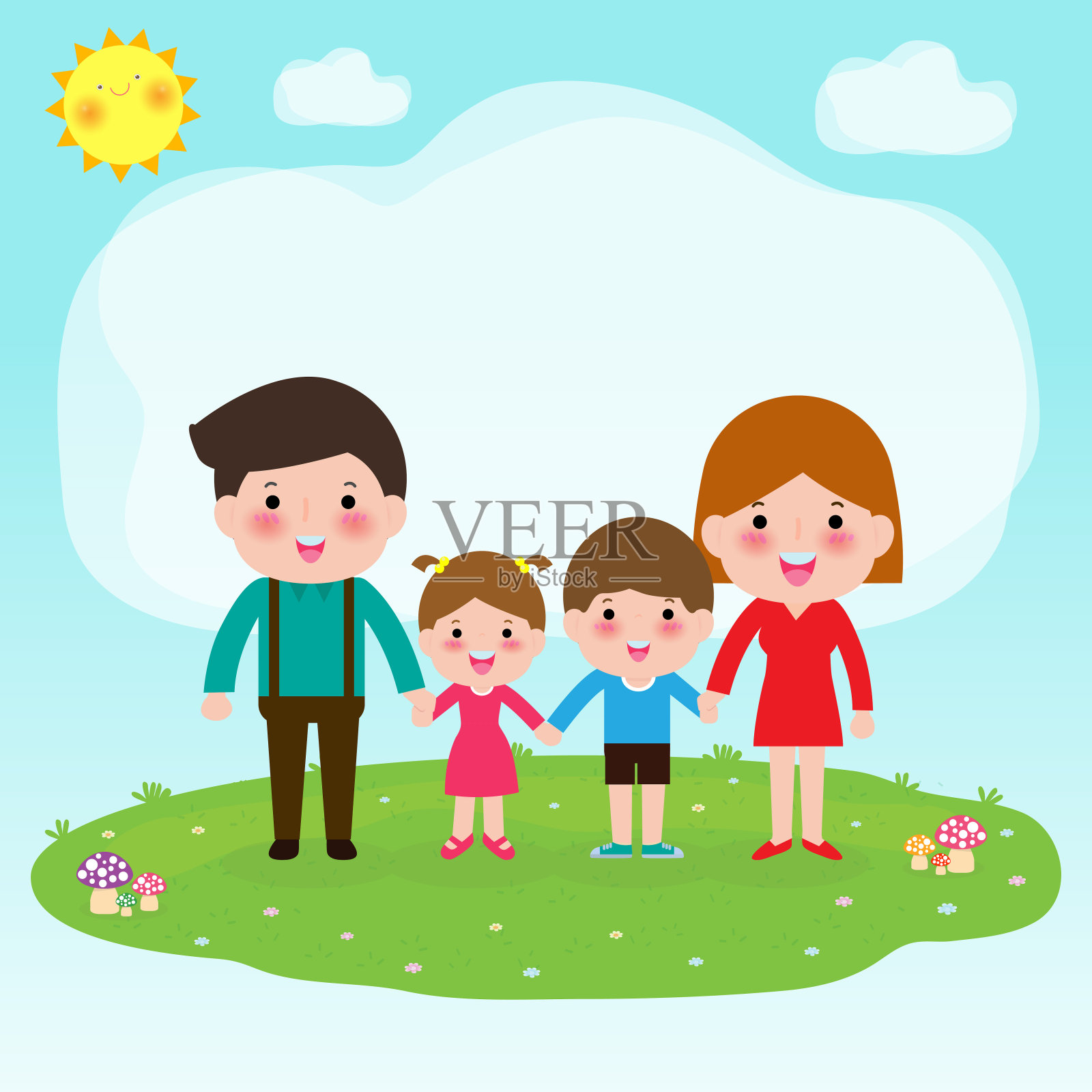 幸福的家庭牵手在公园里。在自然。你好夏天孤立矢量插图插画图片素材