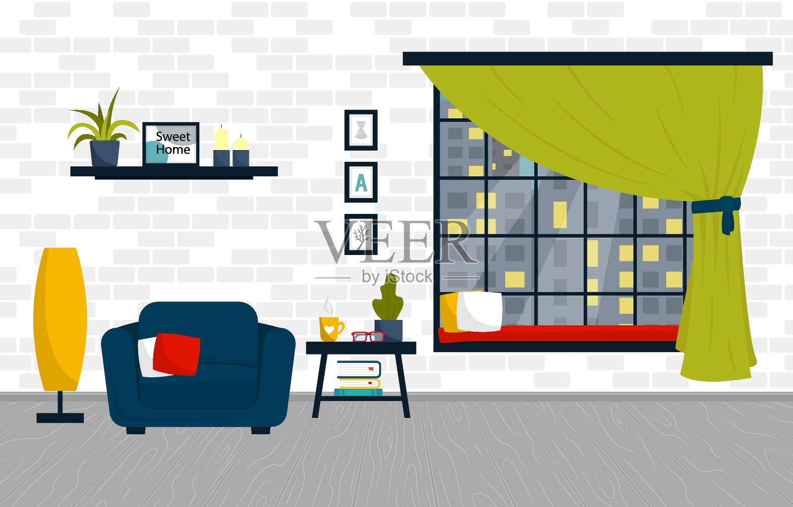 矢量插图的一个室内的客厅家具和装饰配件。带枕头的大窗户插画图片素材