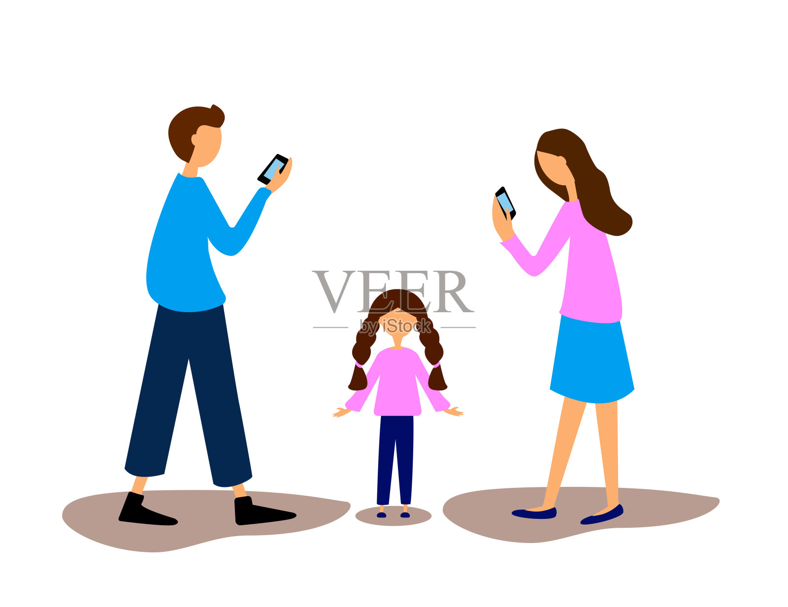 有智能手机的父母。有女儿的家庭。人颜色矢量插图。现代教育插画图片素材